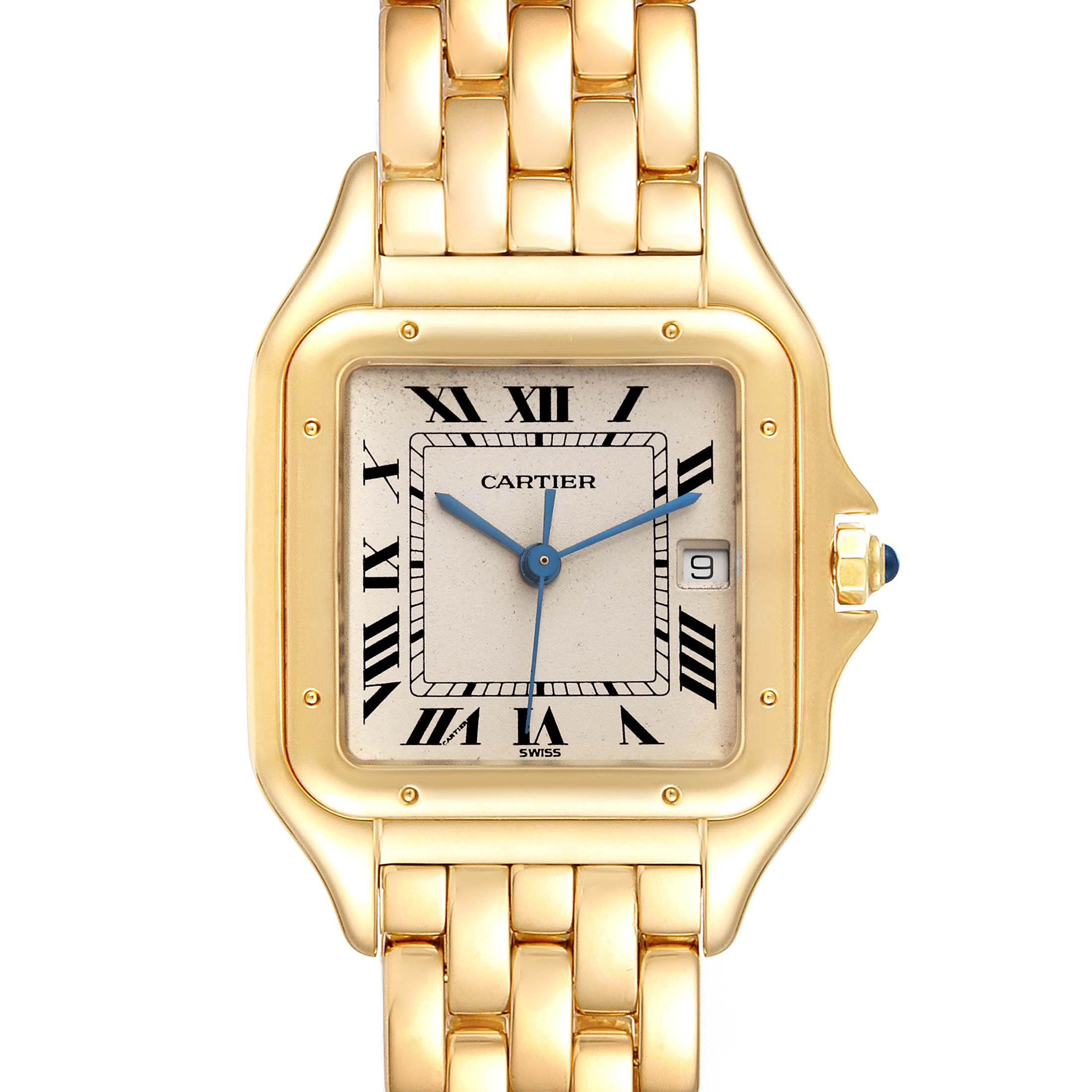 This image shows a front view of a Cartier Panthere W25014B9 Men's Yellow Gold Silver Dial W25014B9 Men's Yellow Gold Silver Dial watch, displaying its gold bracelet and Roman numeral dial.
