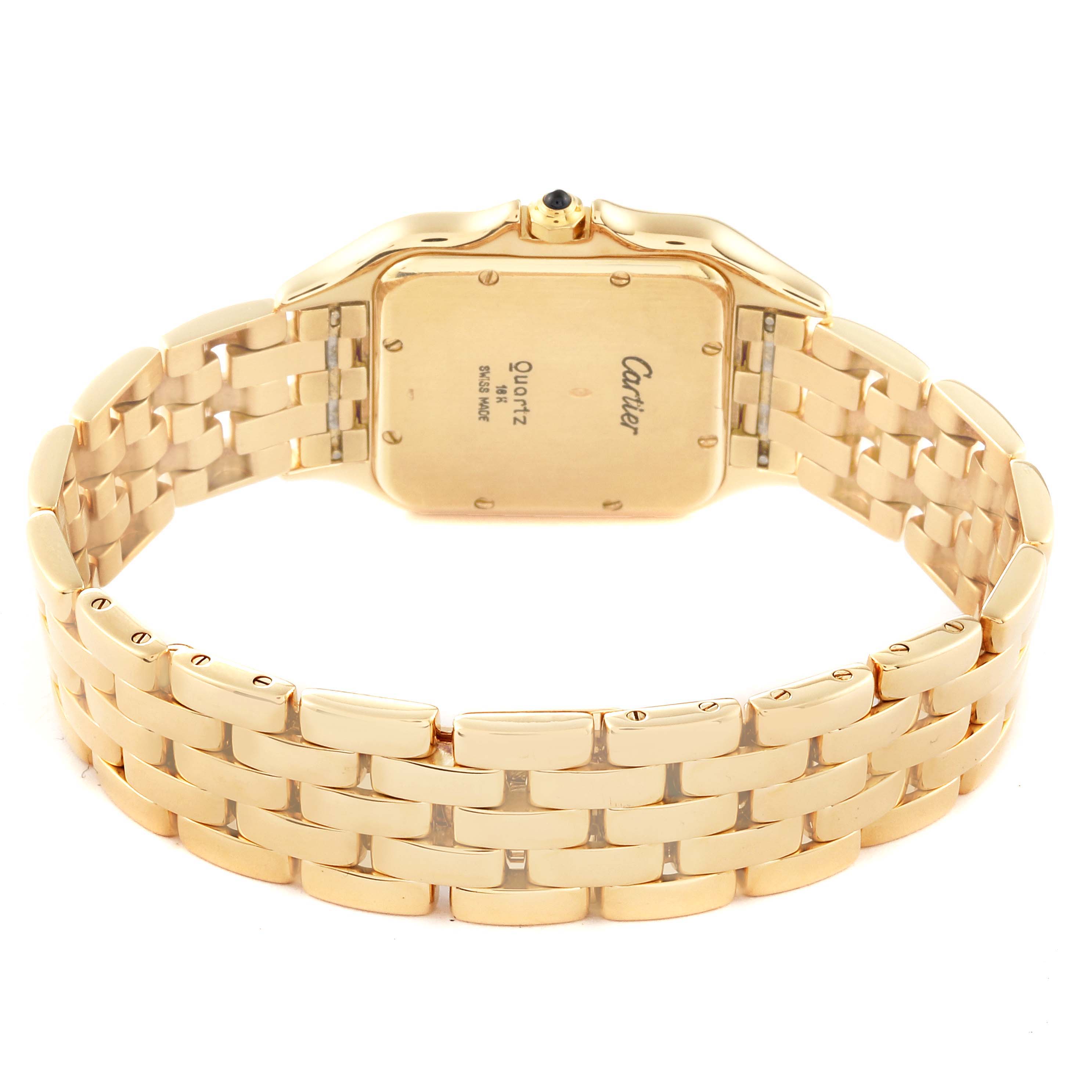 The image shows the back case and bracelet of the Cartier Panthere W25014B9 Men's Yellow Gold Silver Dial W25014B9 Men's Yellow Gold Silver Dial model watch at a rear angle.