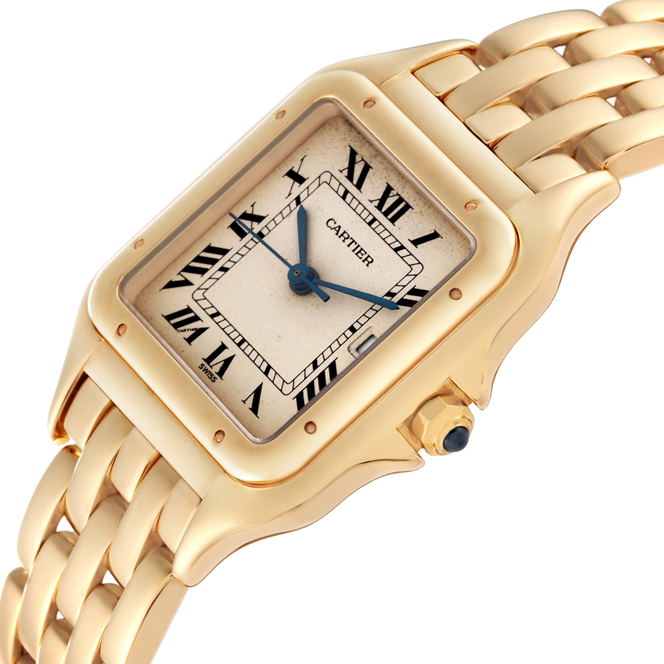 The image shows a close-up of the Cartier Panthere W25014B9 Men's Yellow Gold Silver Dial W25014B9 Men's Yellow Gold Silver Dial watch from an angled top view, highlighting its face and gold bracelet.