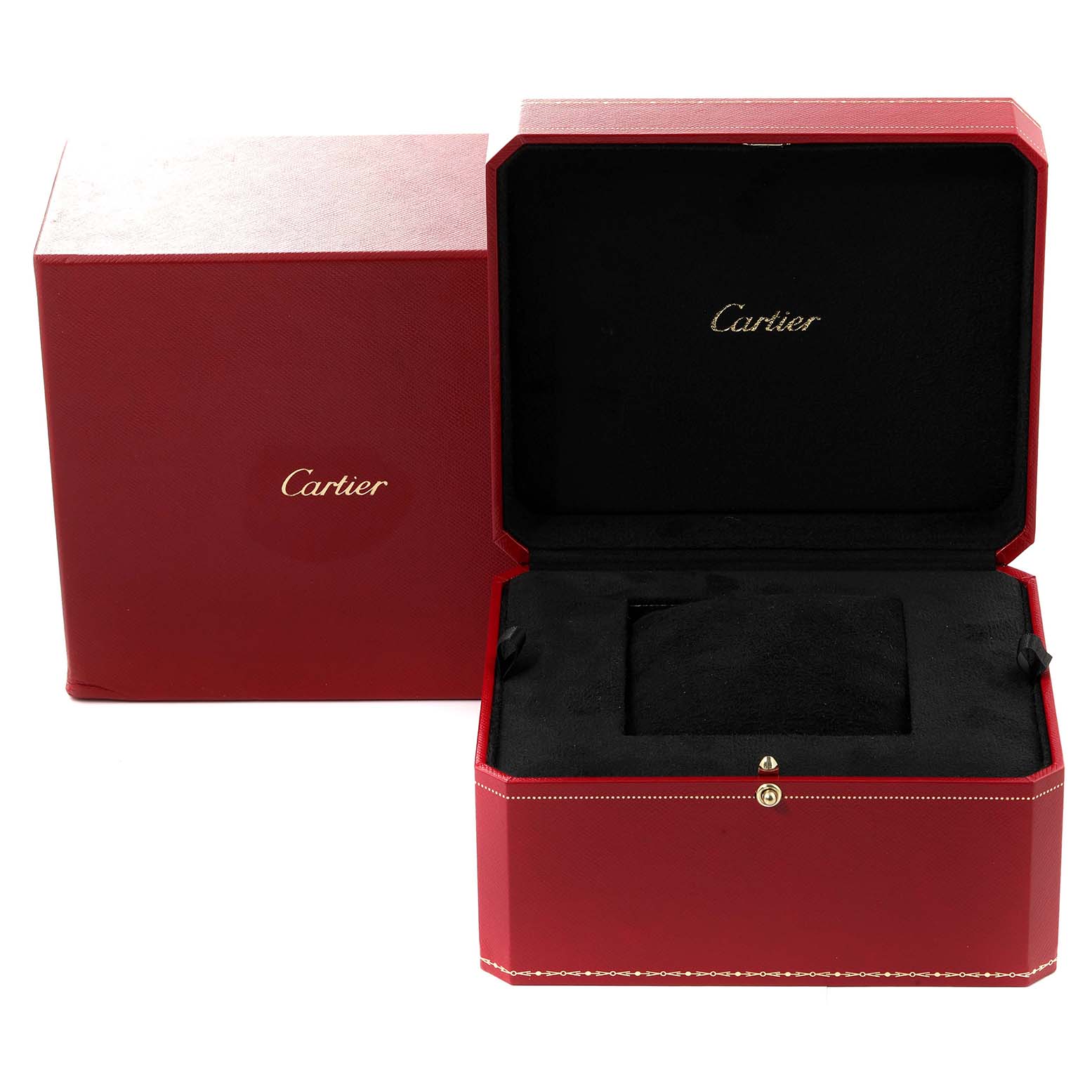 The image shows the open red Cartier Panthere WF3070B9 Women's Yellow Gold Silver Dial WF3070B9 Women's Yellow Gold Silver Dial model watch box and its outer box.