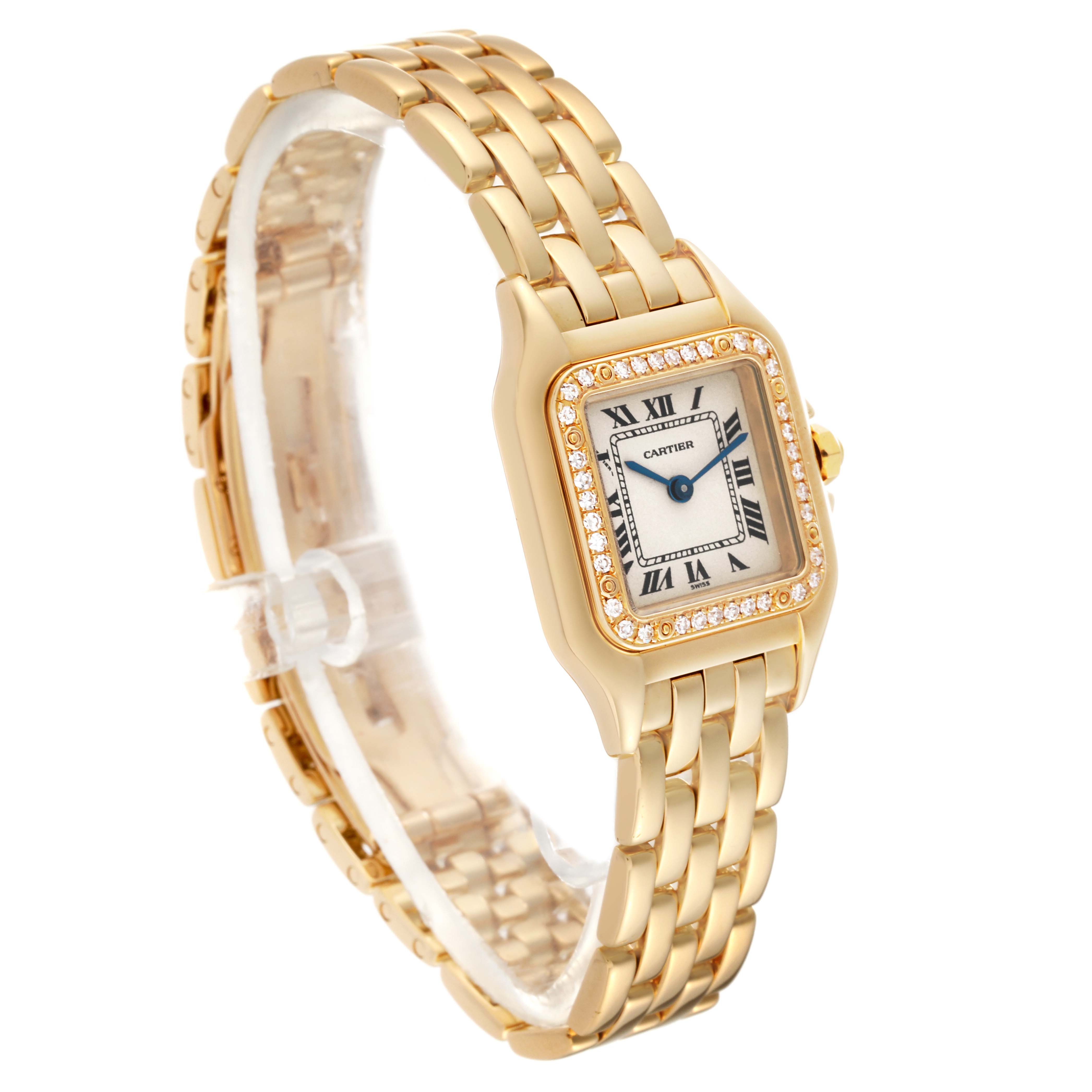 The image shows a side-angle view of a Cartier Panthere WF3070B9 Women's Yellow Gold Silver Dial WF3070B9 Women's Yellow Gold Silver Dial watch, highlighting the gold bracelet and diamond-encrusted bezel.