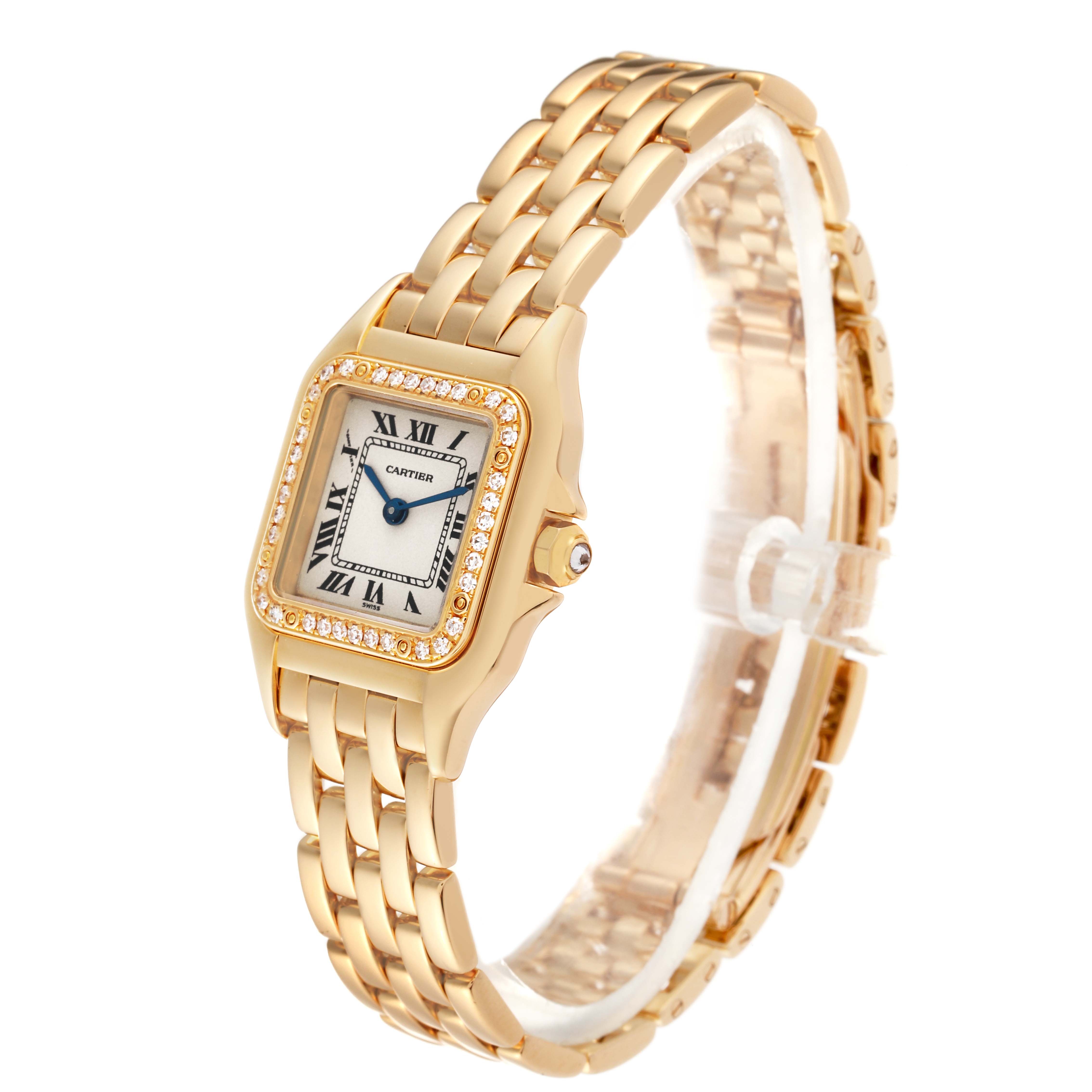 The image shows a Cartier Panthere WF3070B9 Women's Yellow Gold Silver Dial WF3070B9 Women's Yellow Gold Silver Dial watch angled from the front left, highlighting its gold bracelet and diamond-set bezel.