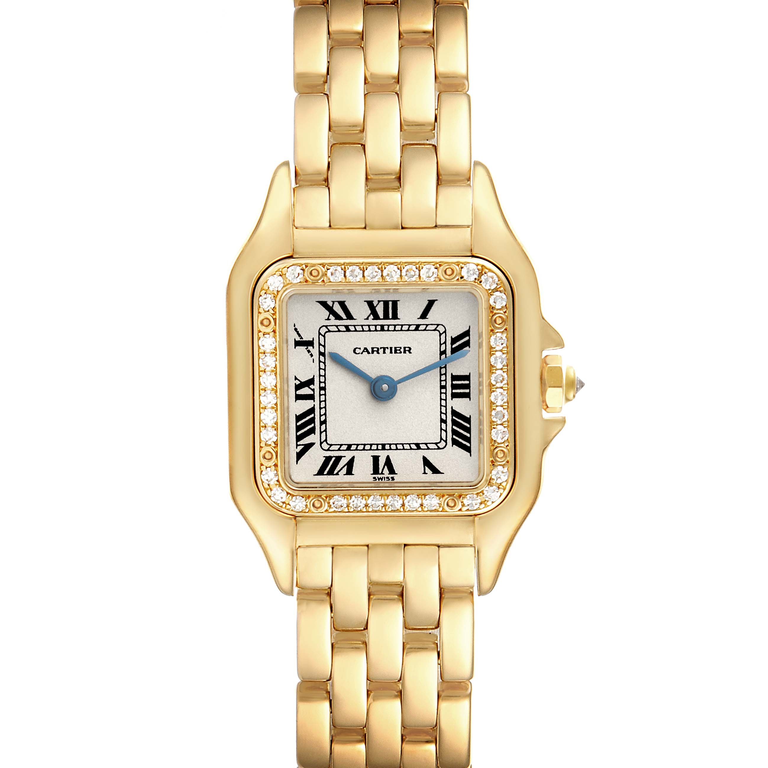 The image shows a front view of the Cartier Panthere WF3070B9 Women's Yellow Gold Silver Dial WF3070B9 Women's Yellow Gold Silver Dial watch, highlighting its gold bracelet, square face, and diamond bezel.