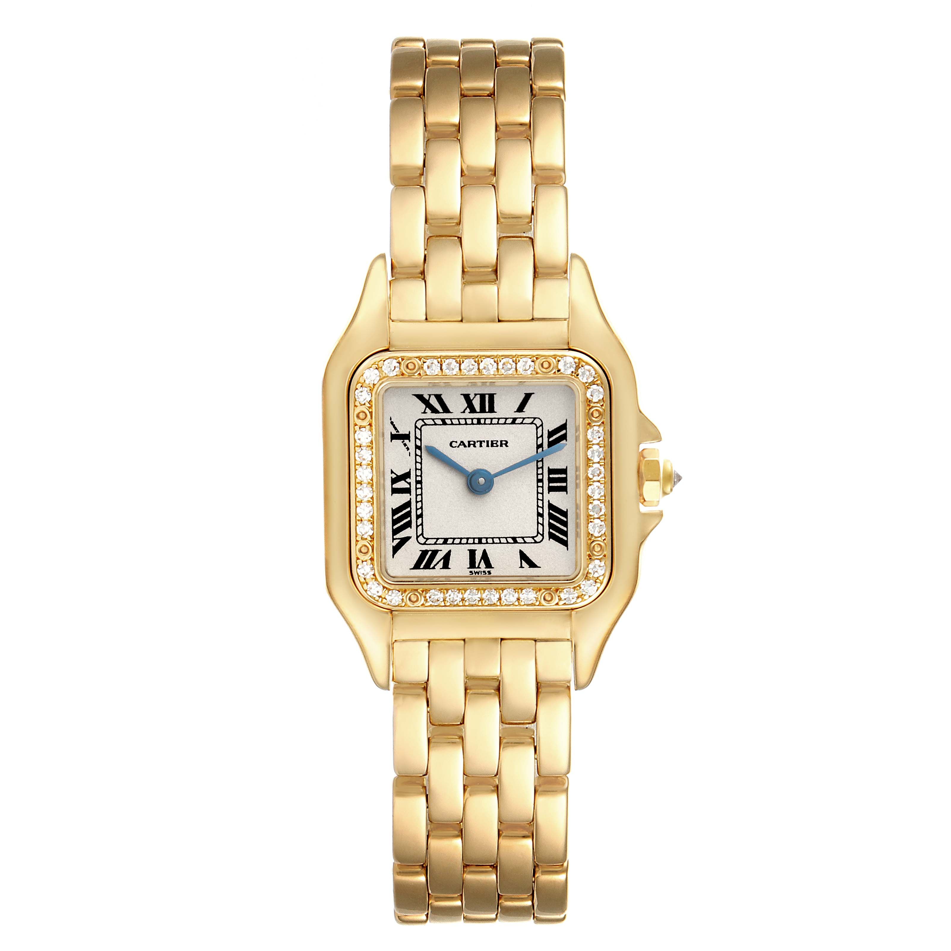 This image shows a front view of the Cartier Panthere WF3070B9 Women's Yellow Gold Silver Dial WF3070B9 Women's Yellow Gold Silver Dial model watch, highlighting its gold bracelet and diamond-set bezel.