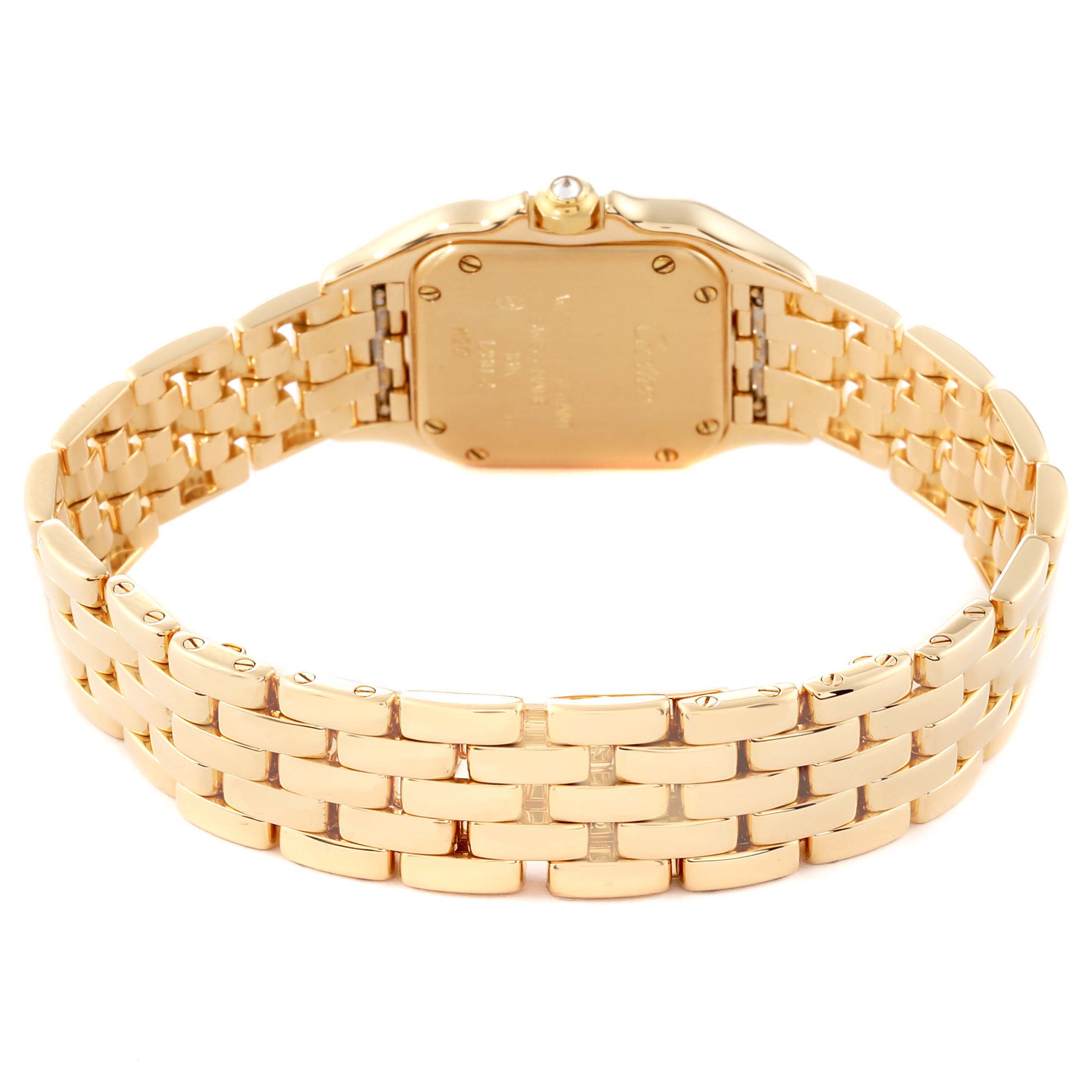 The image shows the back view of a Cartier Panthere WF3070B9 Women's Yellow Gold Silver Dial WF3070B9 Women's Yellow Gold Silver Dial watch, highlighting its bracelet and case back.