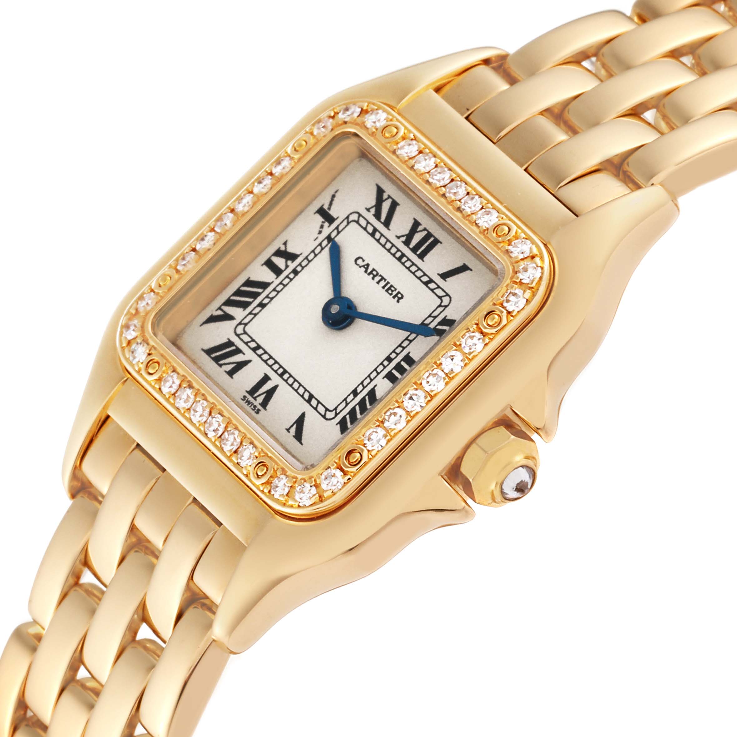 The image shows a close-up angle of a Cartier Panthere WF3070B9 Women's Yellow Gold Silver Dial WF3070B9 Women's Yellow Gold Silver Dial model watch, highlighting its diamond-set bezel, bracelet, and crown.