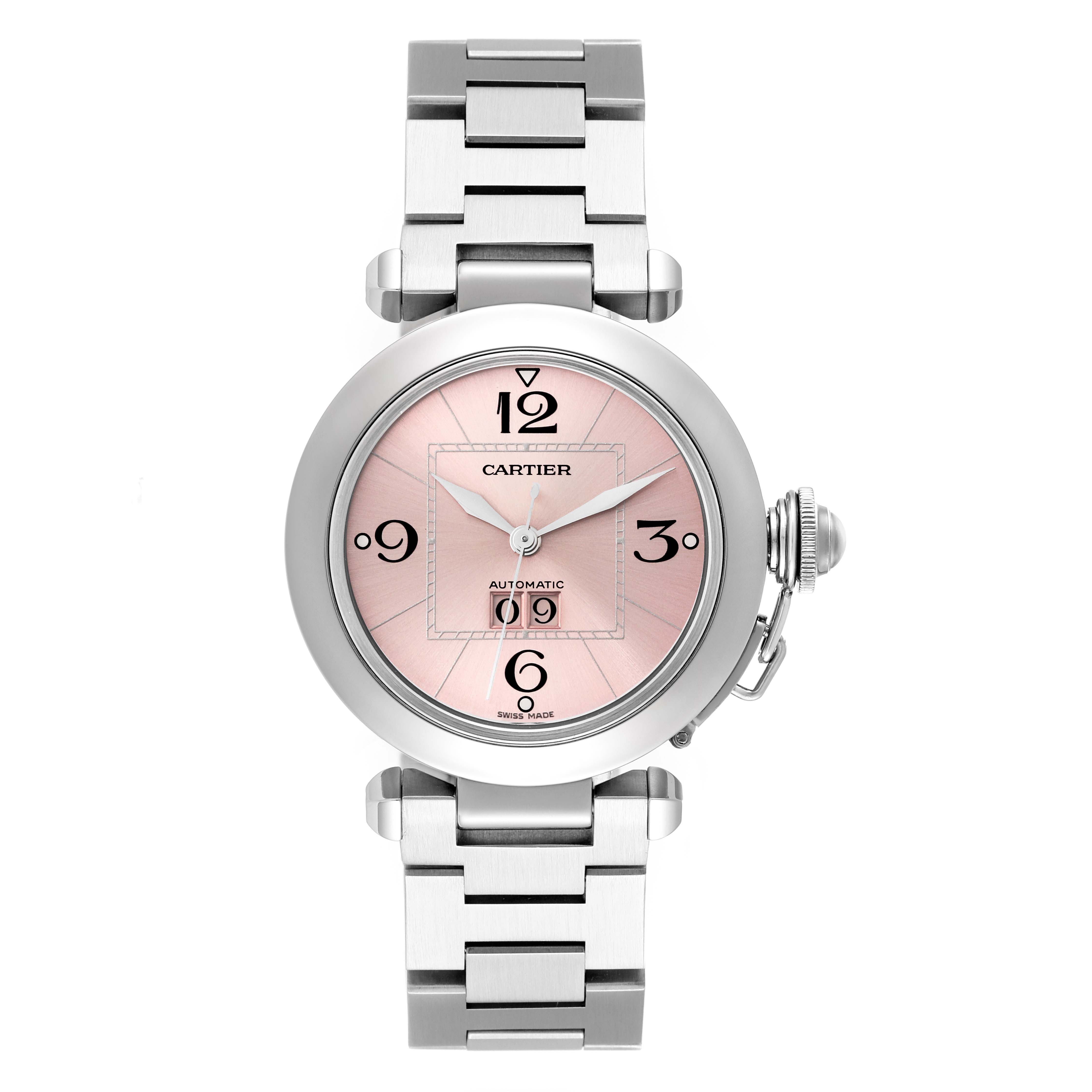 The image shows a frontal view of the Cartier Pasha W31058M7 Women's Stainless Steel Pink Dial W31058M7 Women's Stainless Steel Pink Dial watch, including its round case, dial, bezel, and metal bracelet.