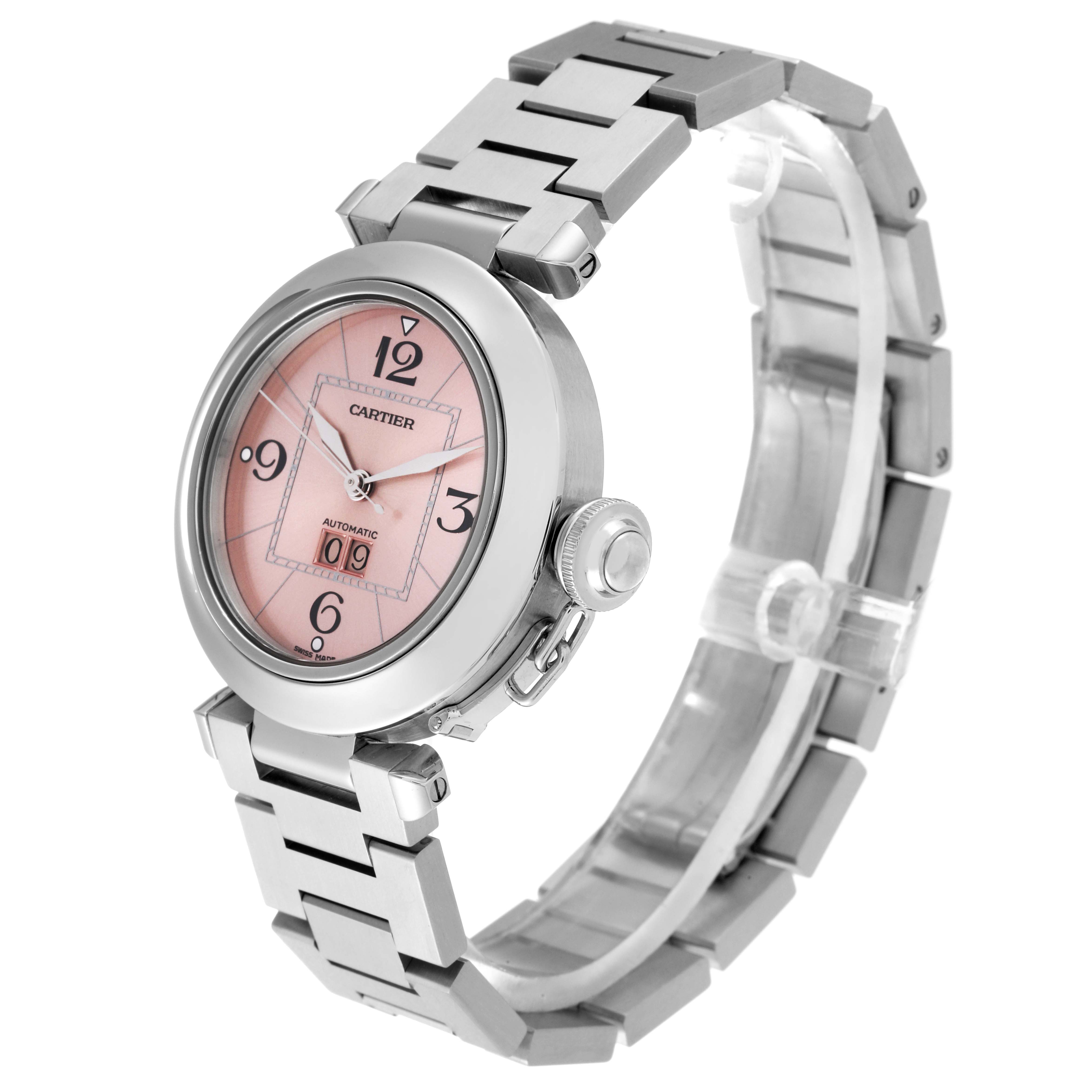 The Cartier Pasha W31058M7 Women's Stainless Steel Pink Dial W31058M7 Women's Stainless Steel Pink Dial watch is shown from a three-quarter angle, highlighting its pink dial, metal bracelet, and winding crown.