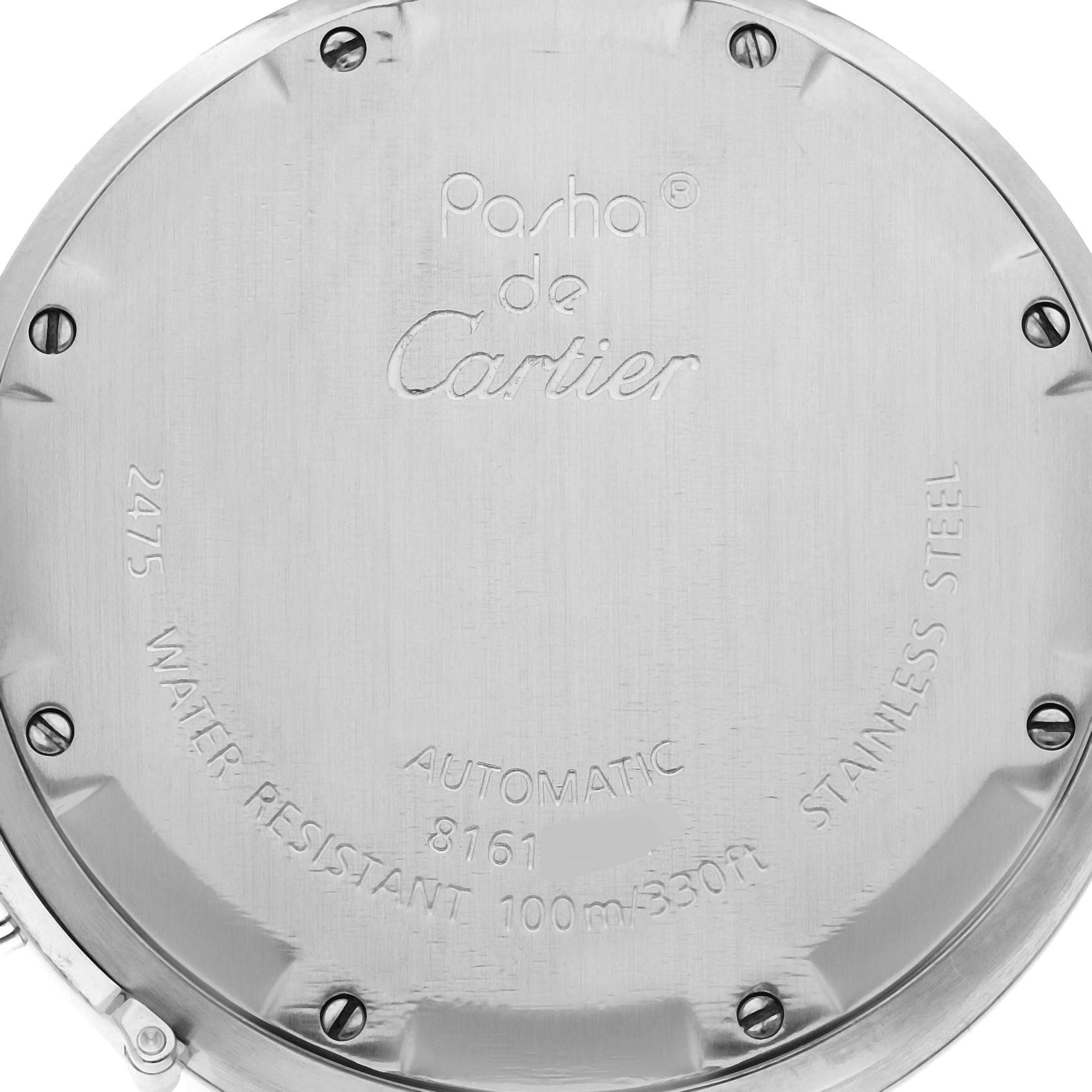 The image shows the stainless steel case back of a Pasha de Cartier watch, including the model and specifications.