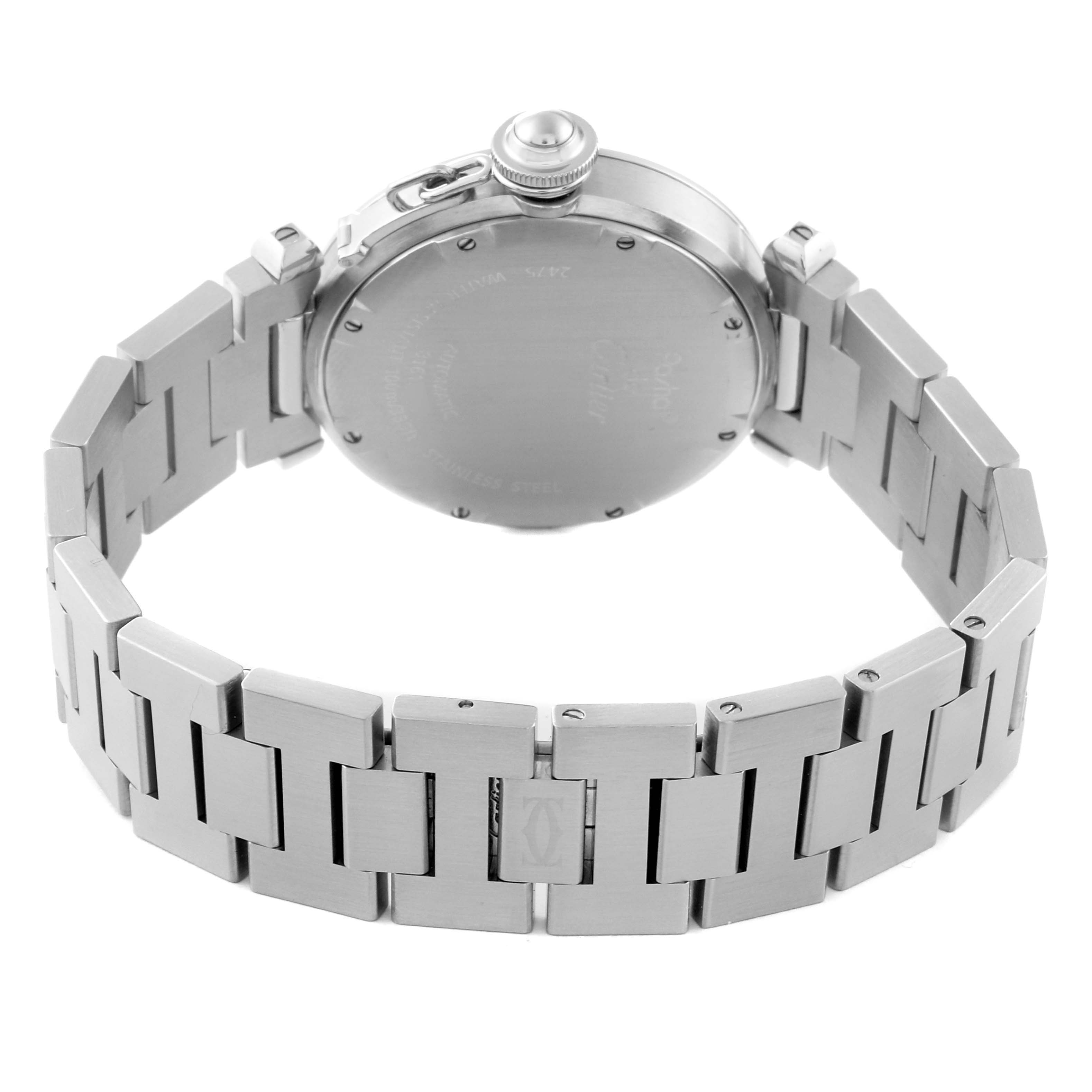 The image shows the back case and bracelet of the Cartier Pasha W31058M7 Women's Stainless Steel Pink Dial W31058M7 Women's Stainless Steel Pink Dial model watch at a rear angle.