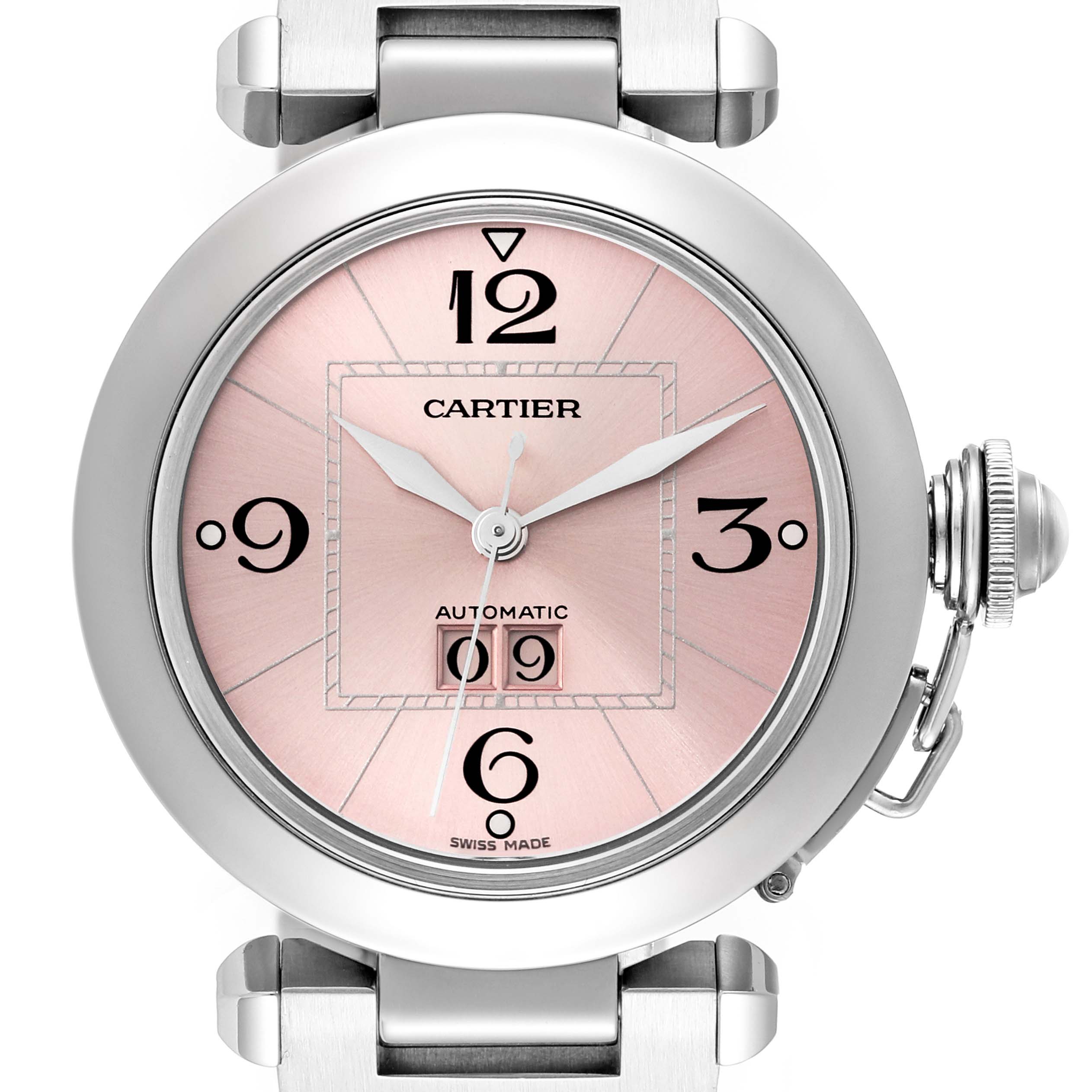 The image shows a close-up, front view of the Cartier Pasha W31058M7 Women's Stainless Steel Pink Dial W31058M7 Women's Stainless Steel Pink Dial watch, highlighting the dial, hands, and date display.