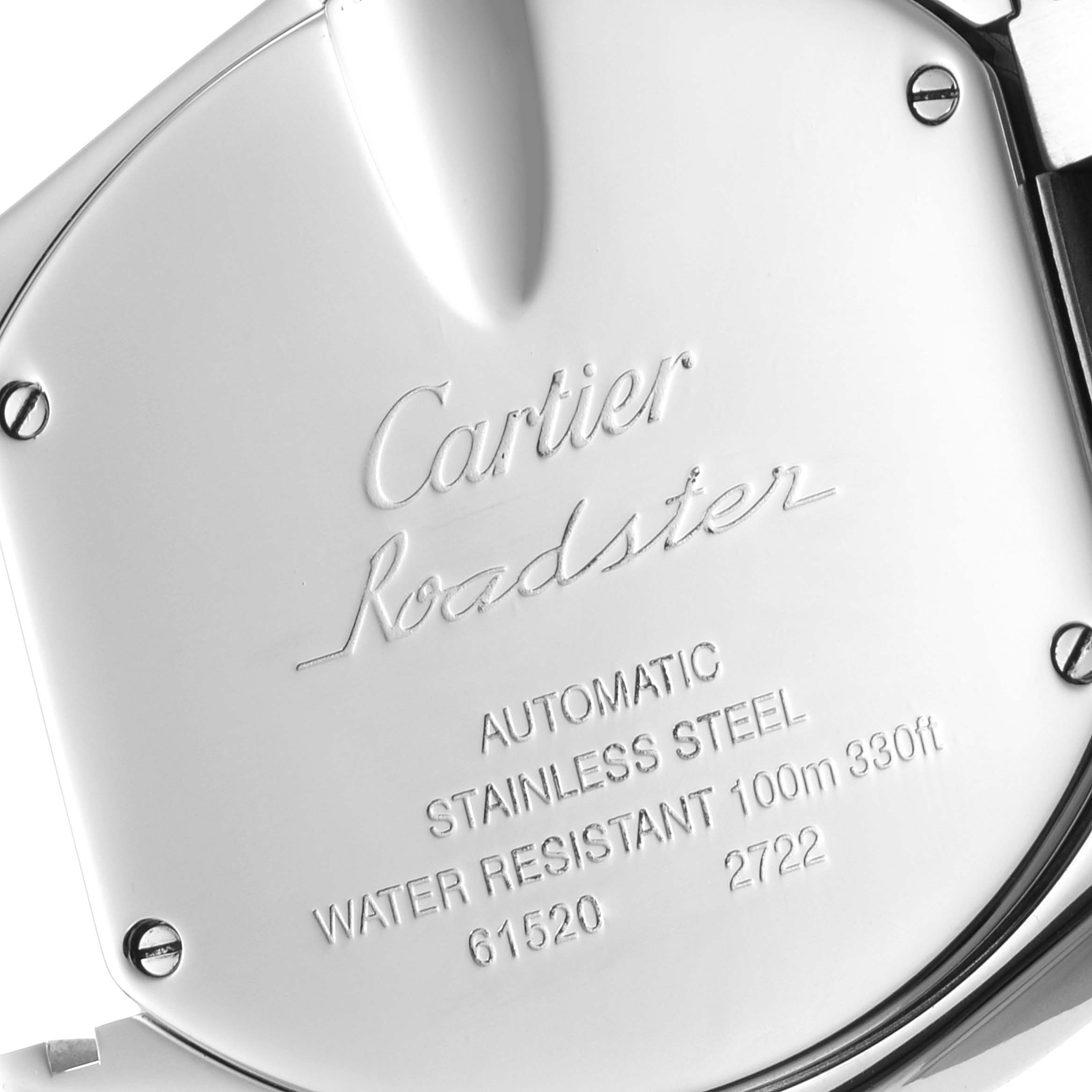 The image shows the back case of a Cartier Roadster W62032X6 Men
s Stainless Steel Silver Dial W62032X6 Men
s Stainless Steel Silver Dial watch, highlighting the engraved details about its specifications.