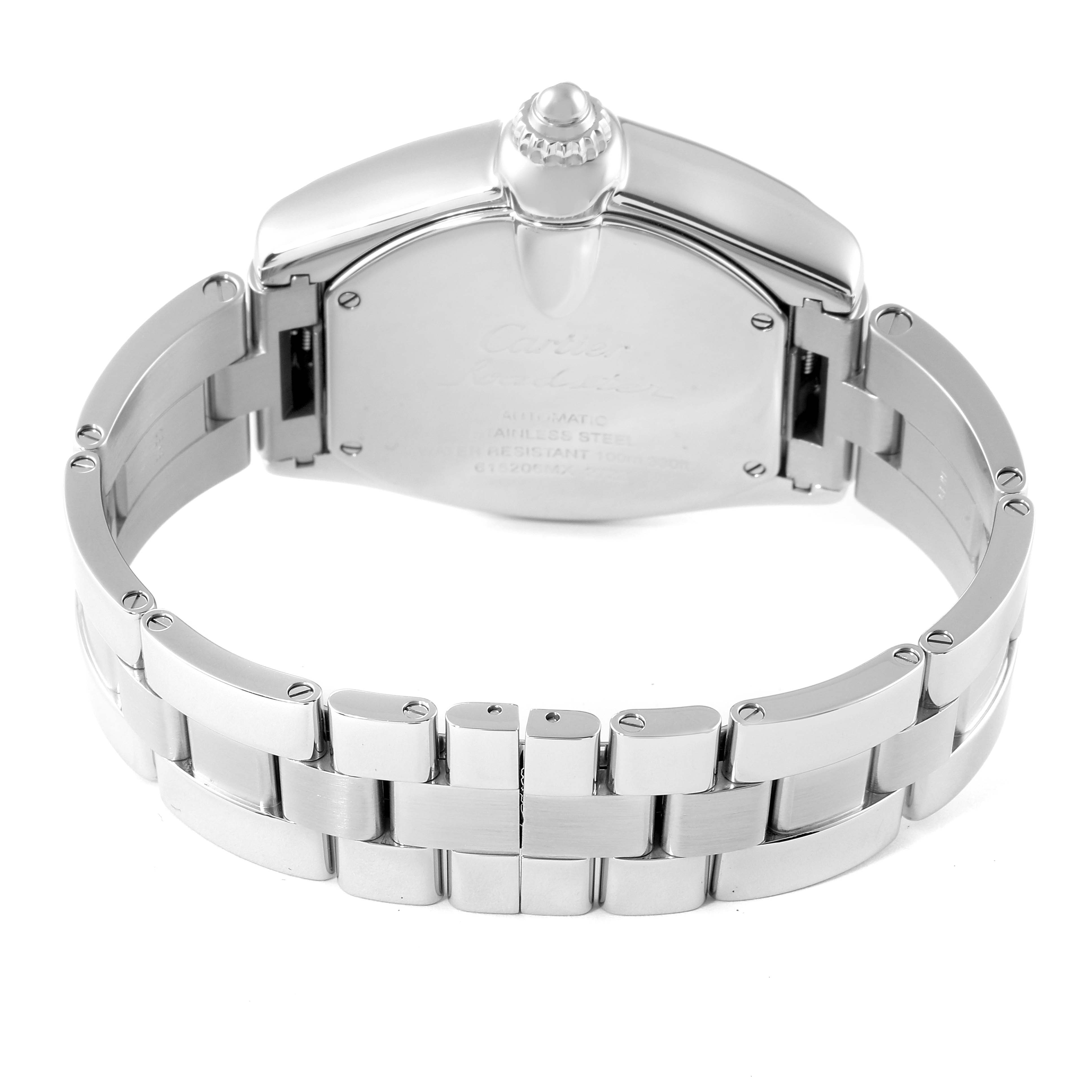 This image shows the back view of the Cartier Roadster W62032X6 Men
s Stainless Steel Silver Dial W62032X6 Men
s Stainless Steel Silver Dial model watch, highlighting the bracelet and case back.