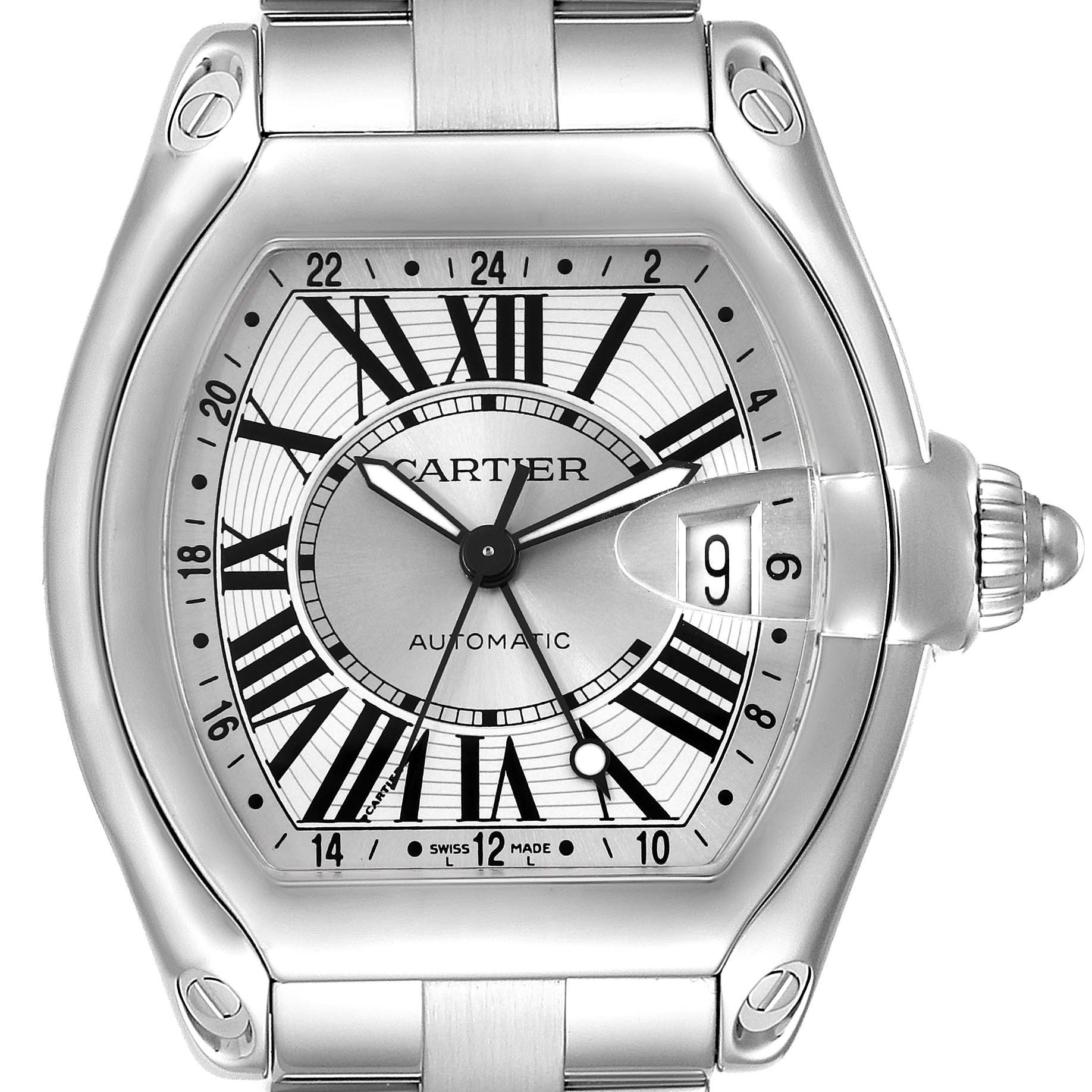 The image displays a Cartier Roadster W62032X6 Men
s Stainless Steel Silver Dial W62032X6 Men
s Stainless Steel Silver Dial watch face from a frontal angle, highlighting the dial, hands, Roman numerals, and date window.
