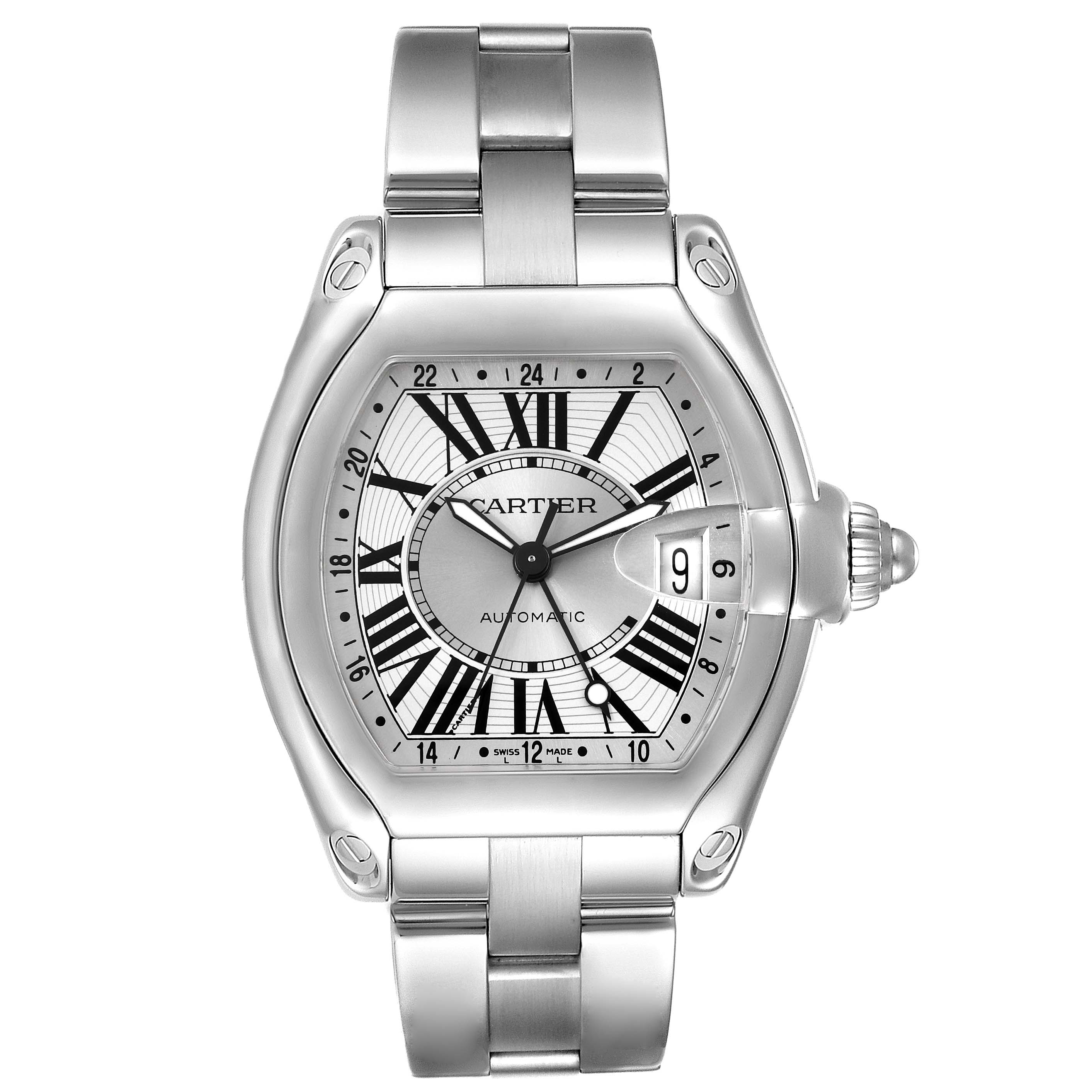 The image shows a Cartier Roadster W62032X6 Men
s Stainless Steel Silver Dial W62032X6 Men
s Stainless Steel Silver Dial watch front view, displaying its dial, hands, bracelet, and date window.