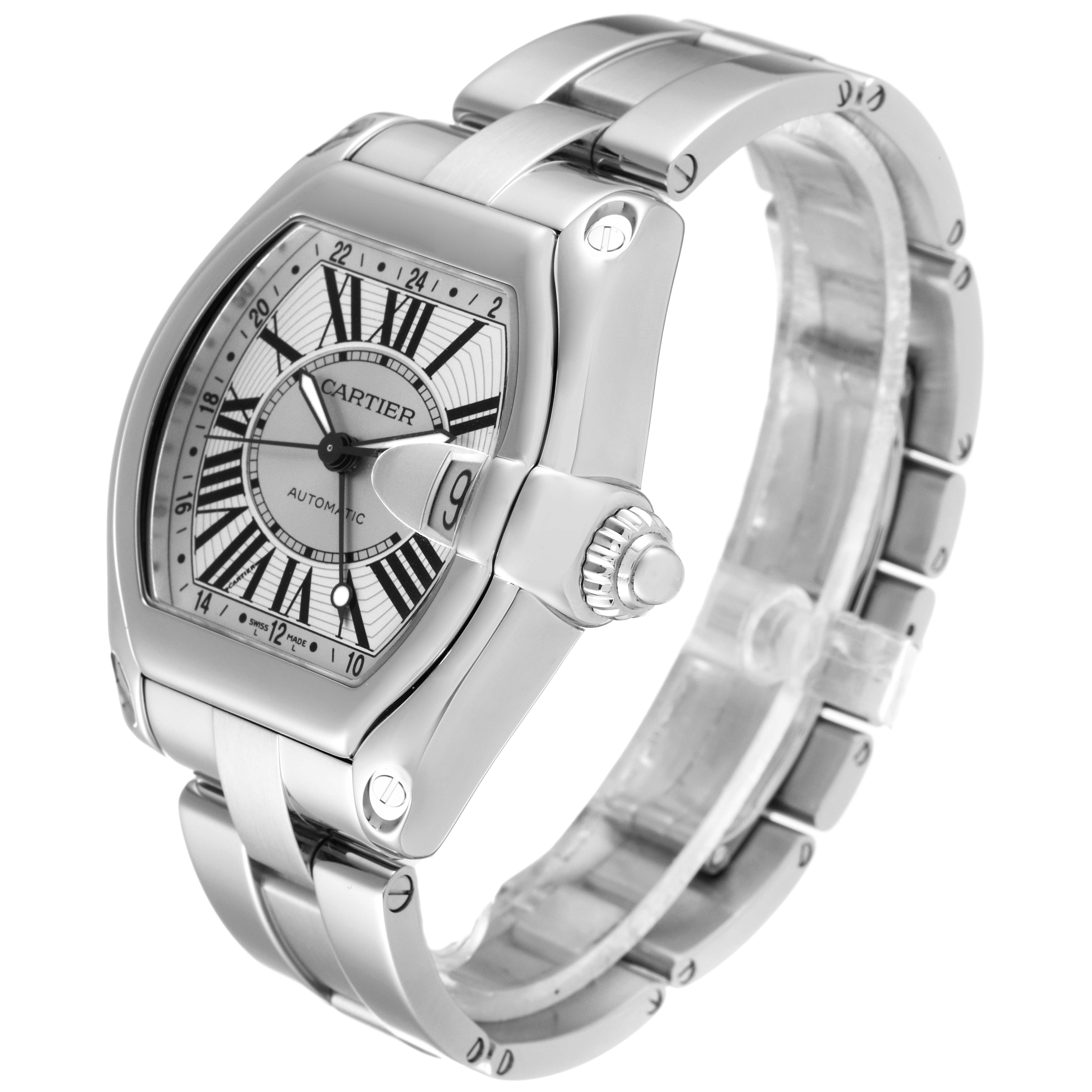 The image shows the front, side, and partial bracelet of the Cartier Roadster W62032X6 Men
s Stainless Steel Silver Dial W62032X6 Men
s Stainless Steel Silver Dial model watch.