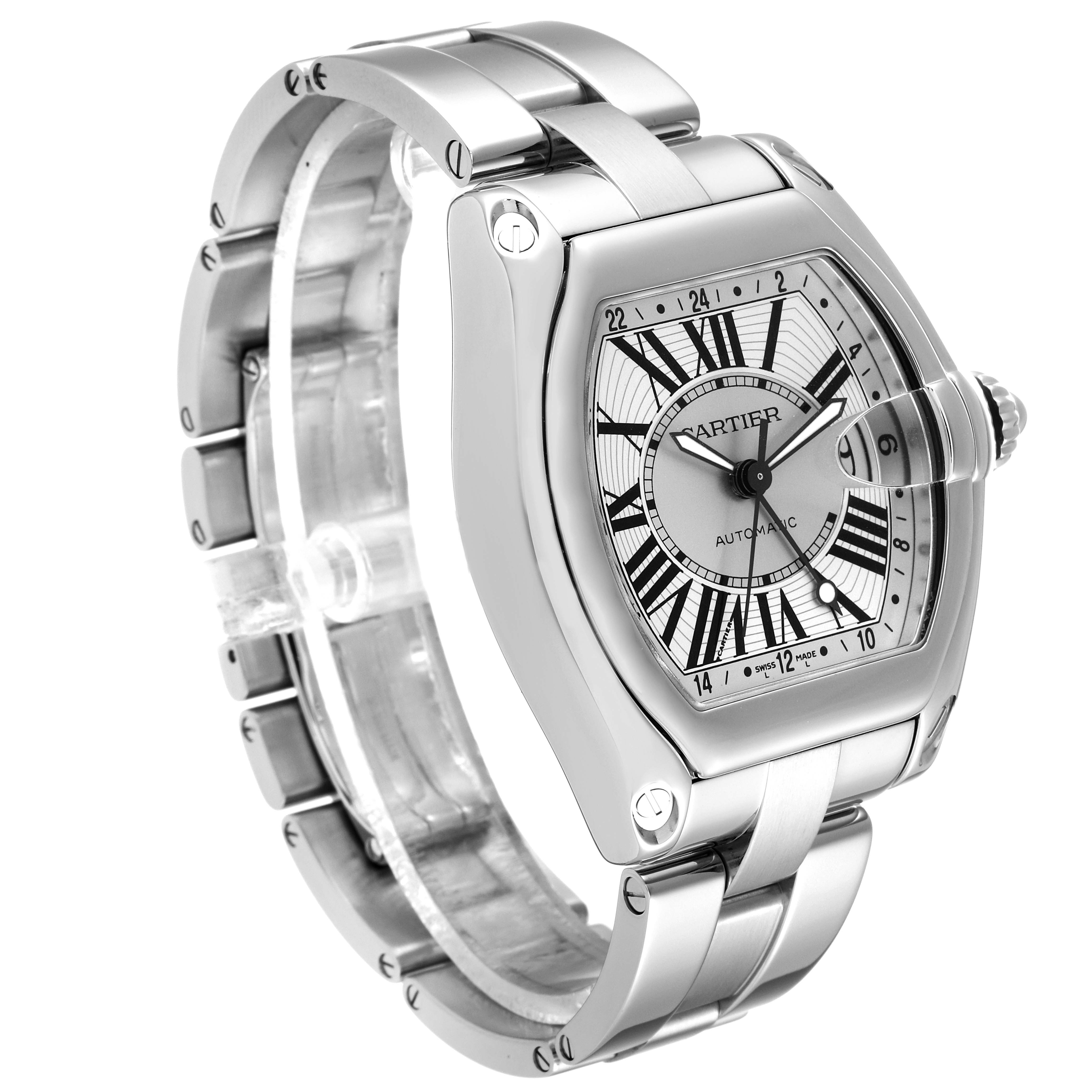 The image shows a Cartier Roadster W62032X6 Men
s Stainless Steel Silver Dial W62032X6 Men
s Stainless Steel Silver Dial watch from a three-quarter angle, highlighting its face and metallic bracelet.