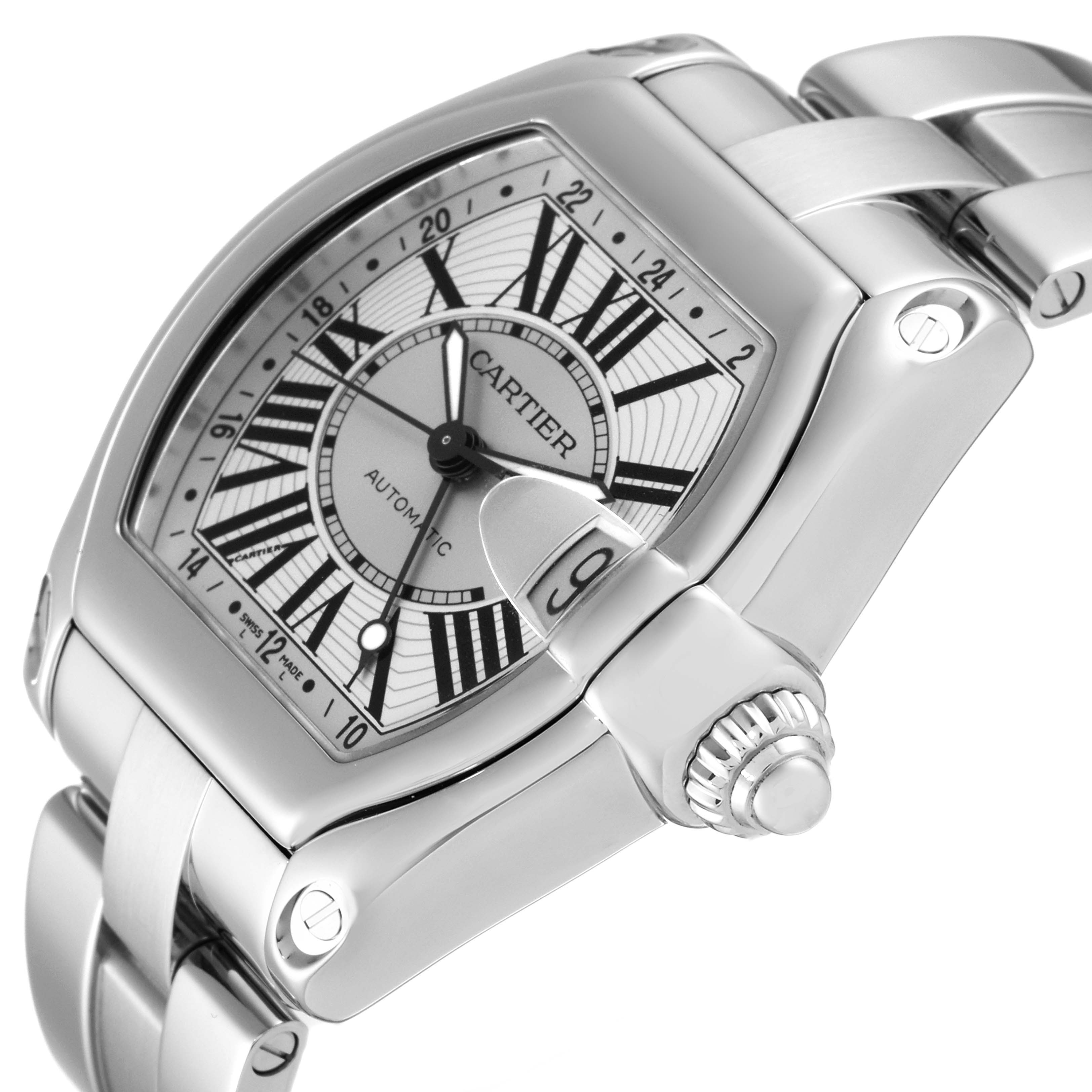 The image shows a Cartier Roadster W62032X6 Men
s Stainless Steel Silver Dial W62032X6 Men
s Stainless Steel Silver Dial watch at a three-quarter angle, highlighting the face, bezel, crown, and part of the bracelet.