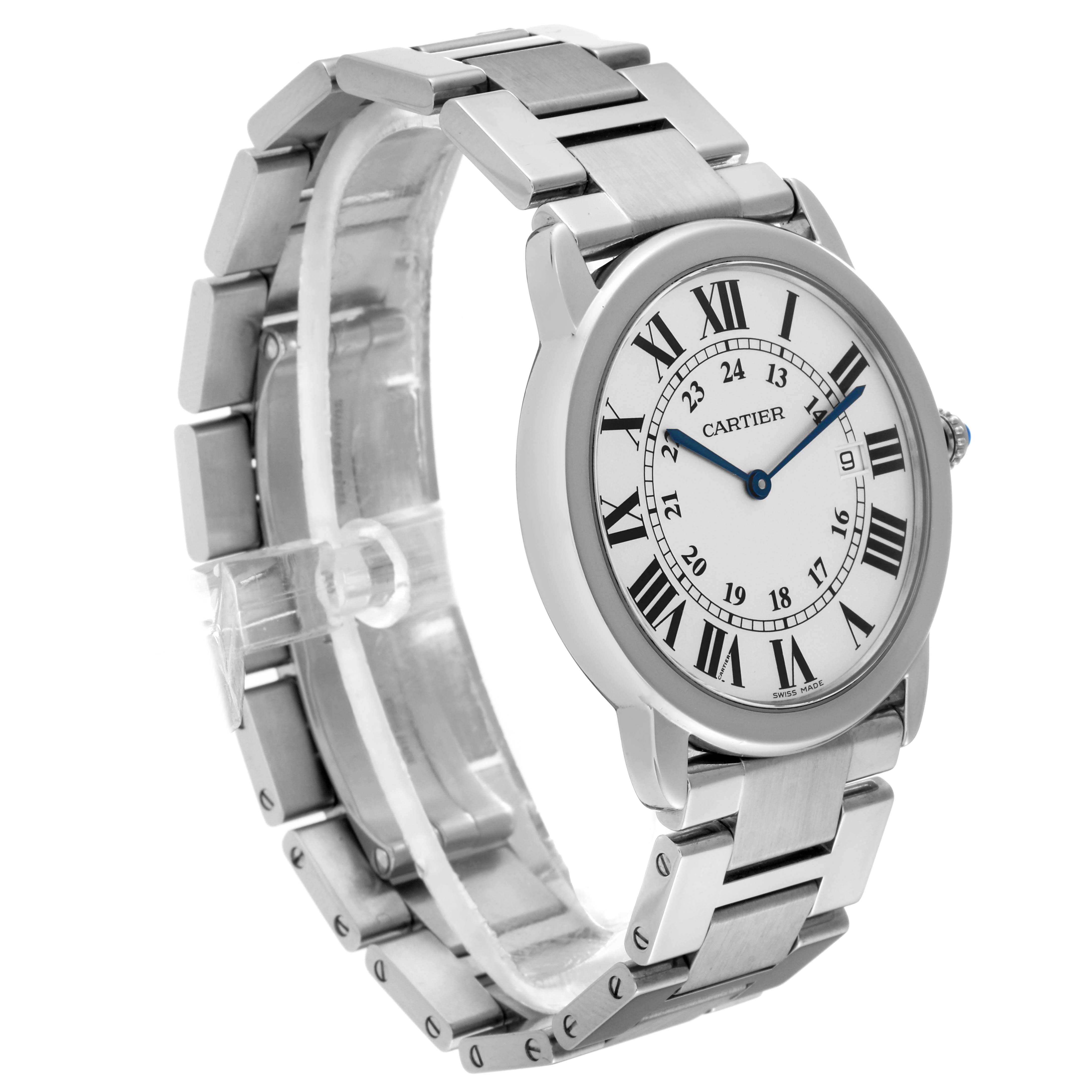 The image shows a Cartier Ronde W6701005 Men
s Stainless Steel Silver Dial W6701005 Men
s Stainless Steel Silver Dial watch at a three-quarter angle, displaying the face, bracelet, and crown.