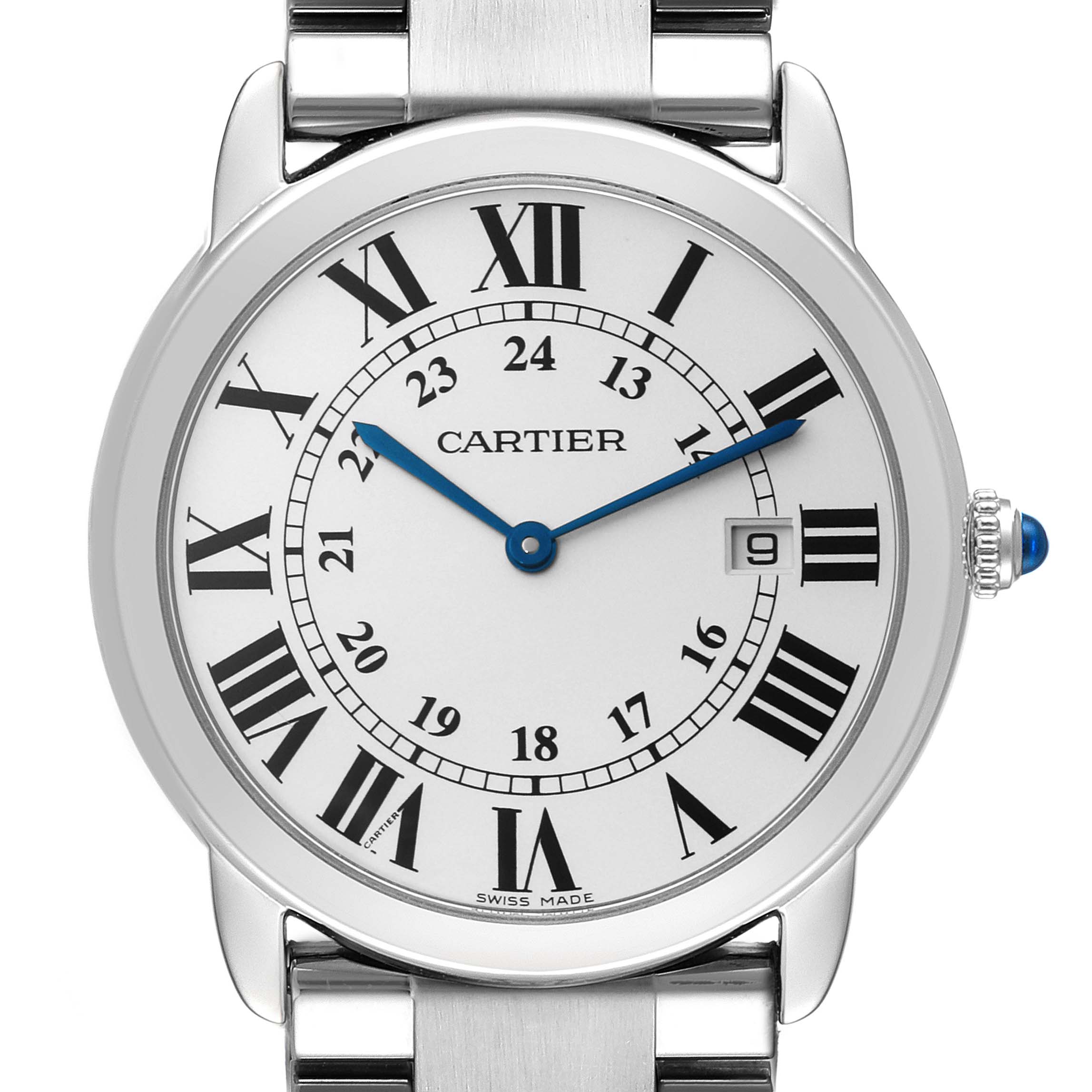 The Cartier Ronde W6701005 Men
s Stainless Steel Silver Dial W6701005 Men
s Stainless Steel Silver Dial model watch is shown from a top-down angle, featuring its face, bezel, and part of the bracelet.