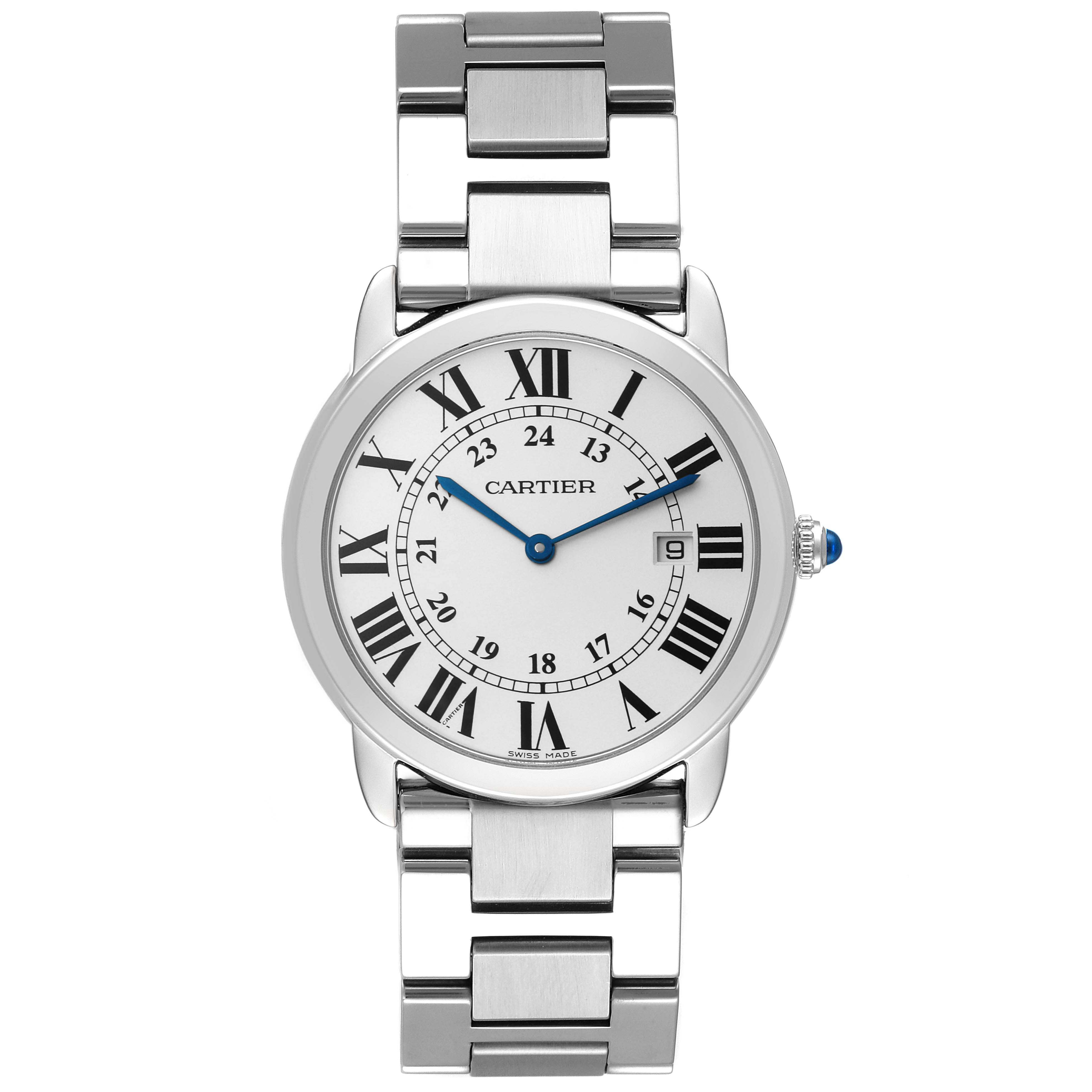 The image shows a front view of the Cartier Ronde W6701005 Men
s Stainless Steel Silver Dial W6701005 Men
s Stainless Steel Silver Dial watch, displaying its face, bracelet, and bezel.