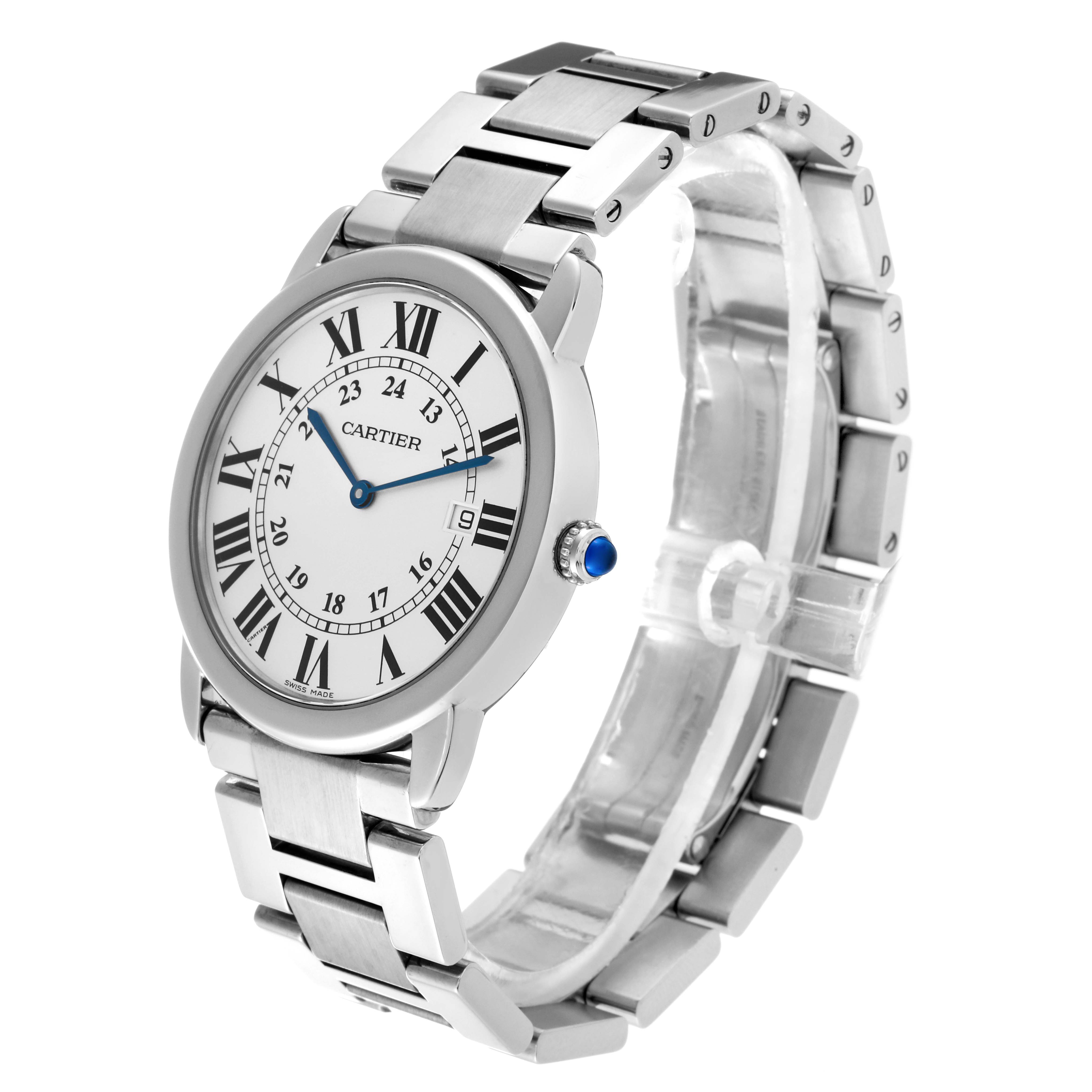 The image shows a Cartier Ronde W6701005 Men
s Stainless Steel Silver Dial W6701005 Men
s Stainless Steel Silver Dial watch from an oblique angle, highlighting the face, bracelet, and crown.
