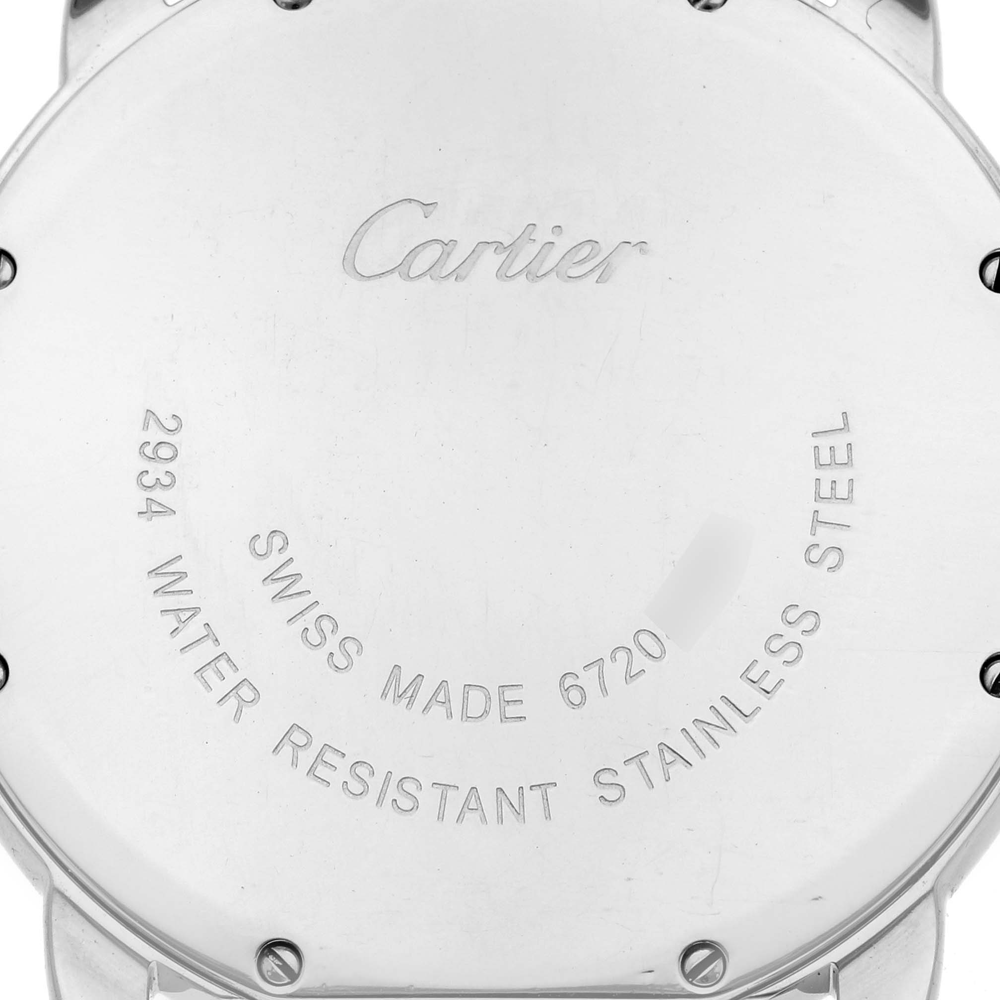 This is the back view of a Cartier Ronde W6701005 Men
s Stainless Steel Silver Dial W6701005 Men
s Stainless Steel Silver Dial watch, showing engravings indicating Swiss made, model number, and water resistance.