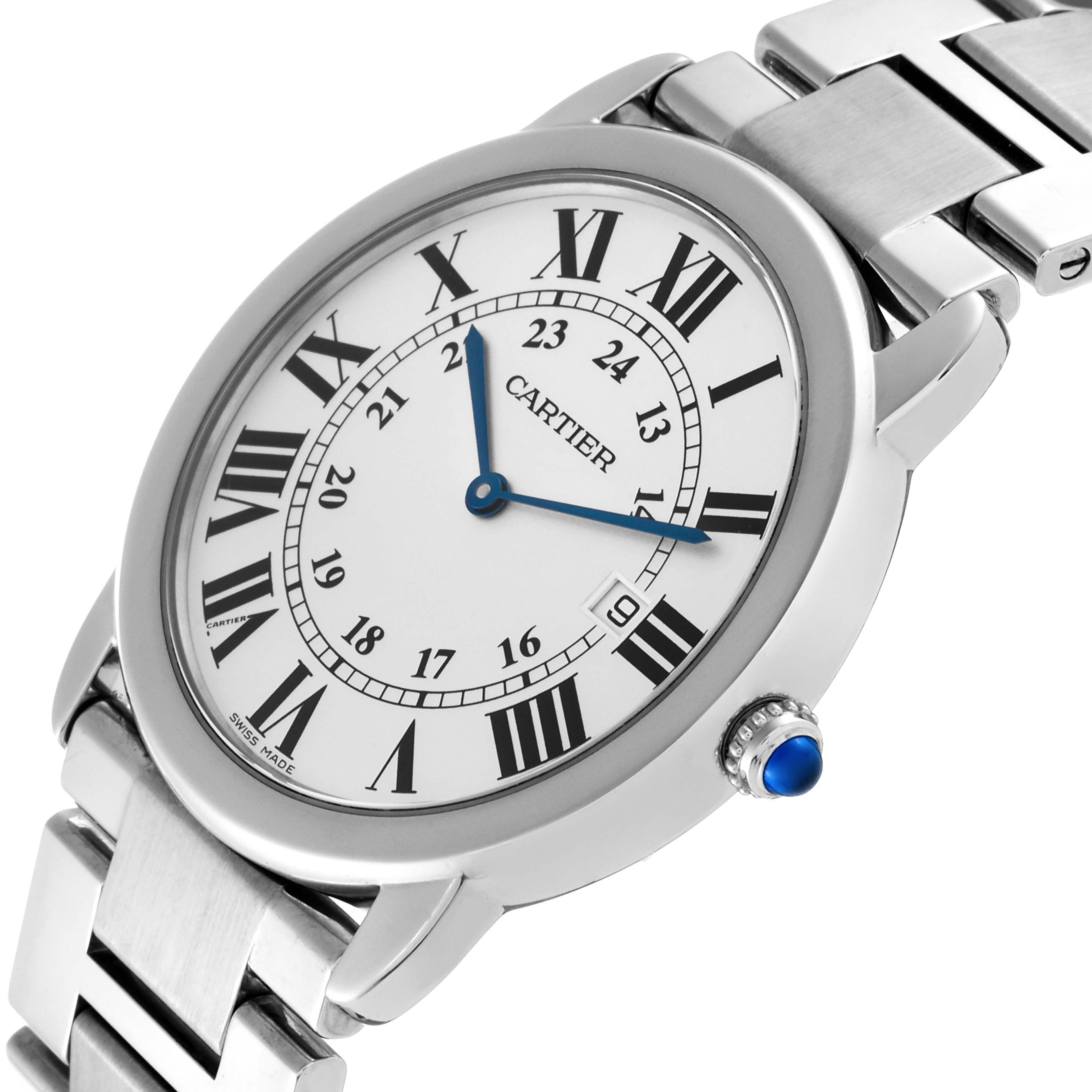 The image shows a Cartier Ronde W6701005 Men
s Stainless Steel Silver Dial W6701005 Men
s Stainless Steel Silver Dial watch at an angled view, highlighting the dial, bezel, crown, and part of the metal bracelet.