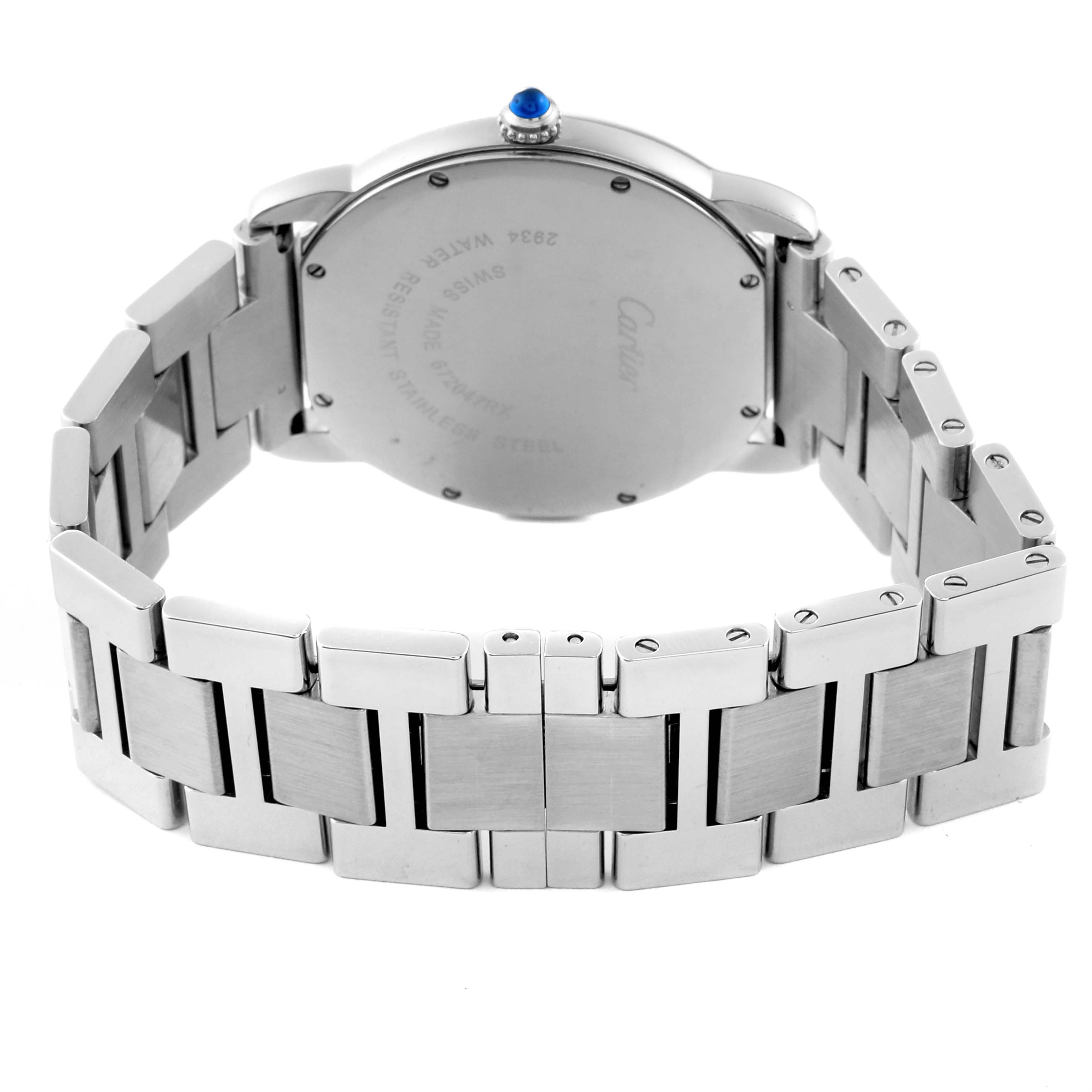 The image shows the back and bracelet of the Cartier Ronde W6701005 Men
s Stainless Steel Silver Dial W6701005 Men
s Stainless Steel Silver Dial watch, highlighting its stainless steel construction and the engraved case back.
