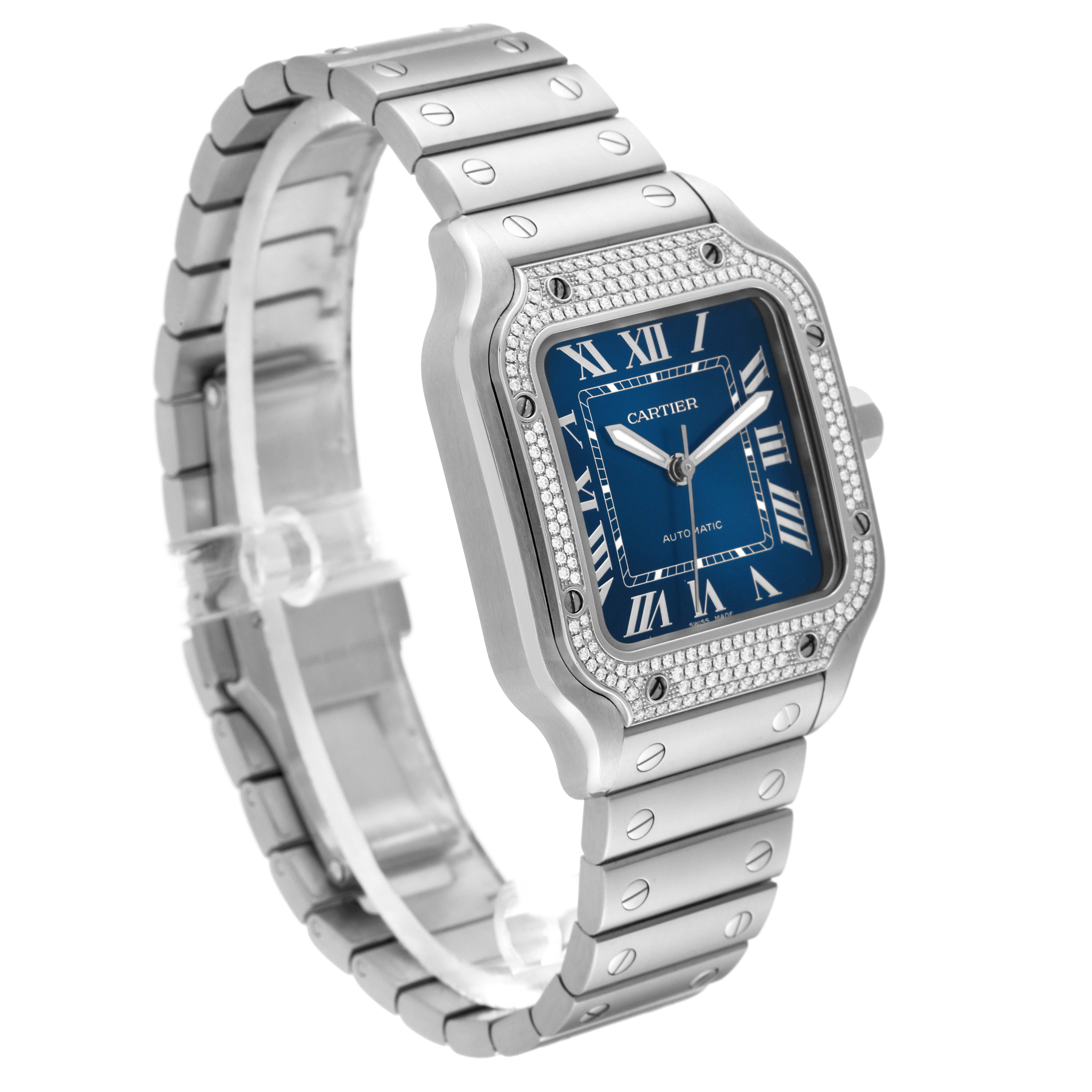 The image shows a Cartier Santos W4SA0006 Men's Stainless Steel Blue Dial W4SA0006 Men's Stainless Steel Blue Dial watch at an angle highlighting its face, bezel, and bracelet.