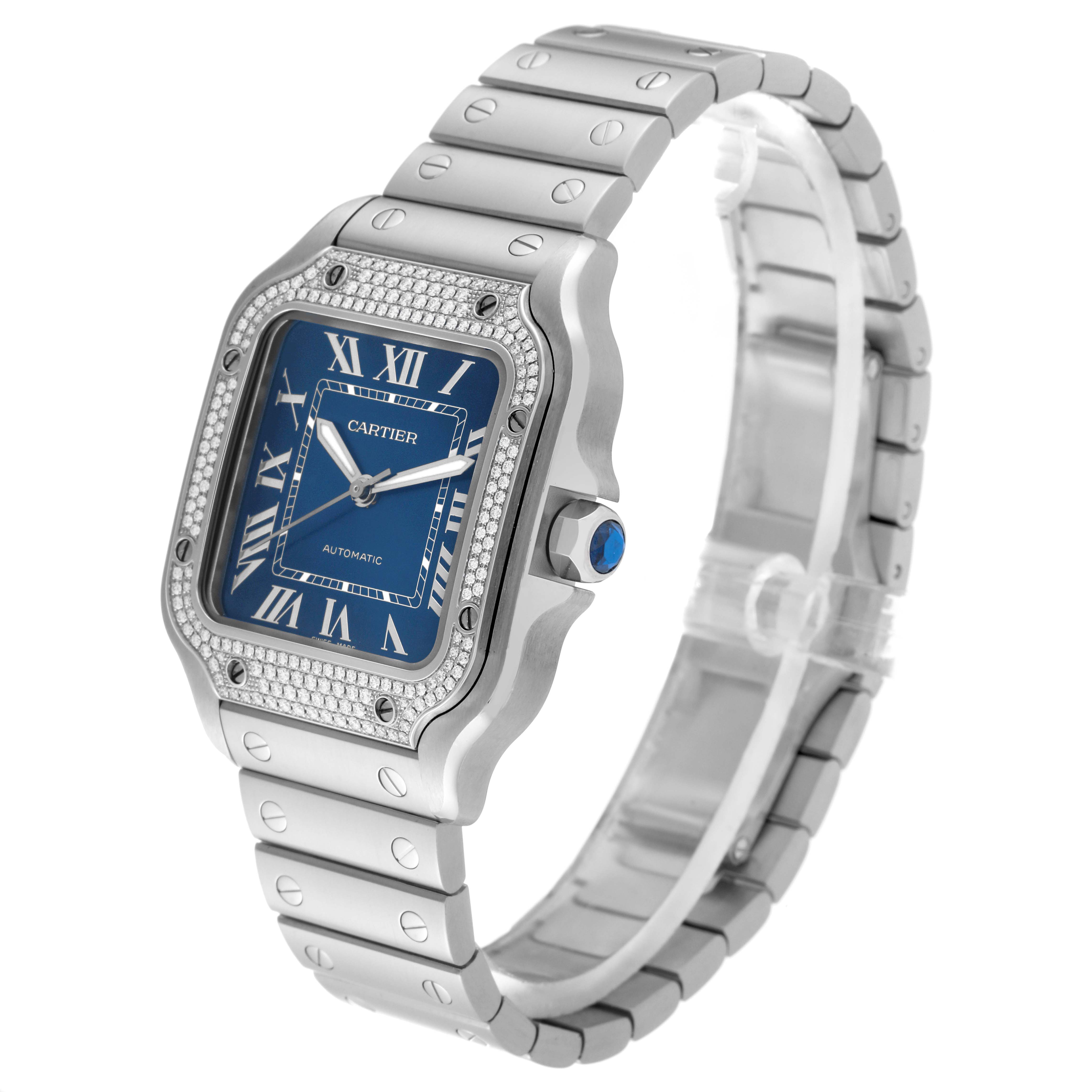 The Cartier Santos W4SA0006 Men's Stainless Steel Blue Dial W4SA0006 Men's Stainless Steel Blue Dial watch is shown at a three-quarters angle, displaying its blue dial, Roman numerals, metal bracelet, and bejeweled bezel.