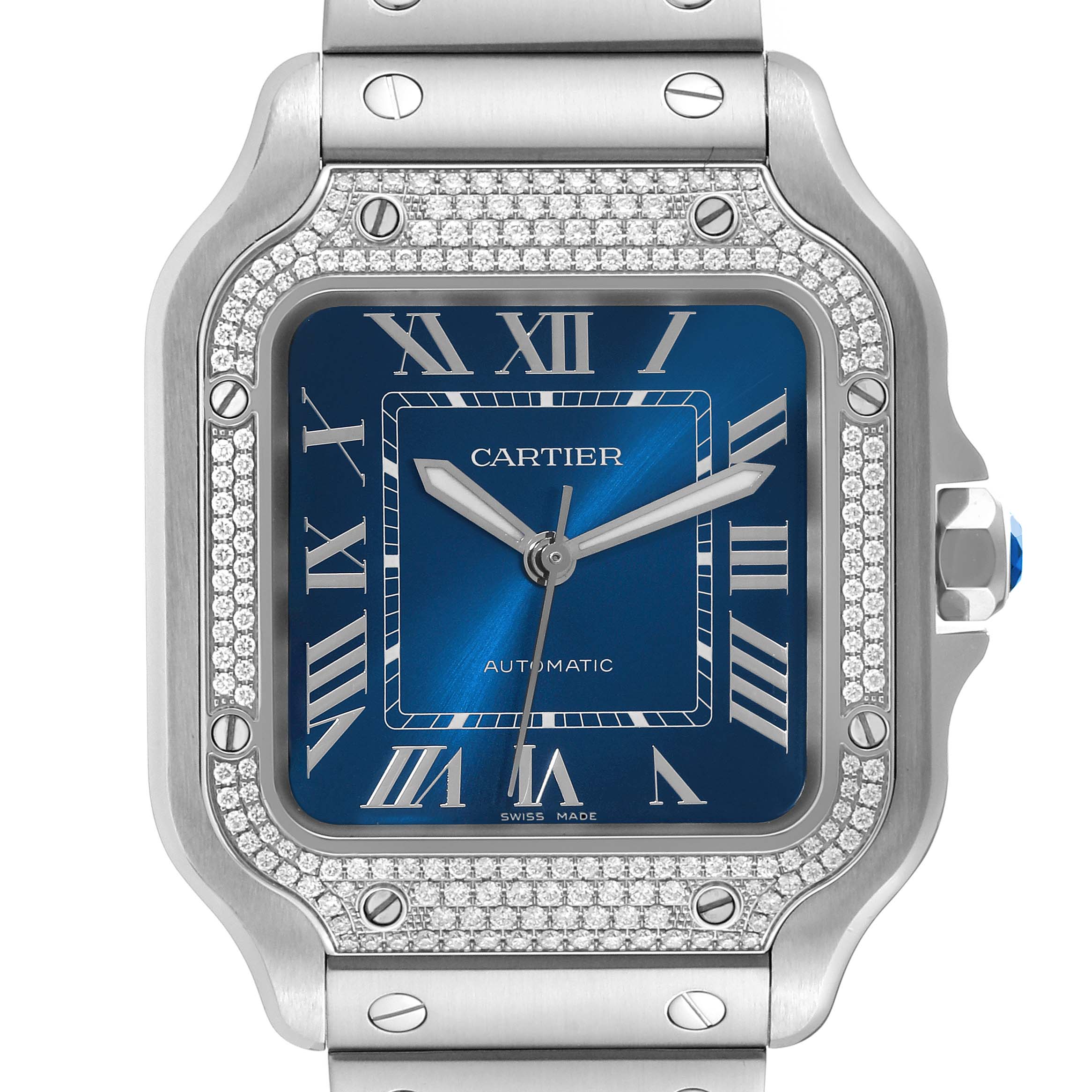 This is a close-up view of the face and part of the bracelet of a Cartier Santos W4SA0006 Men's Stainless Steel Blue Dial W4SA0006 Men's Stainless Steel Blue Dial watch, featuring a blue dial and diamond-studded bezel.