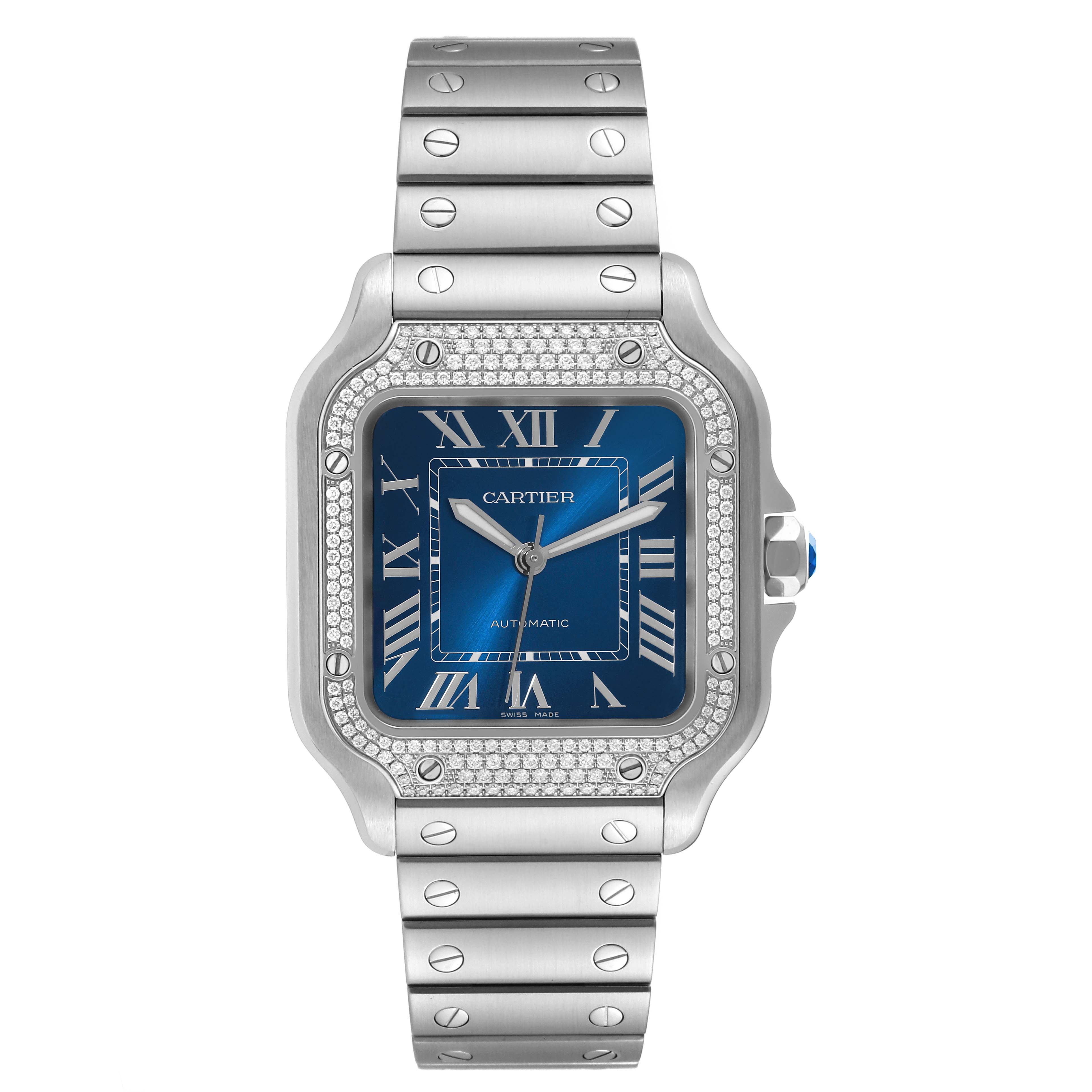 This image shows a front view of the Cartier Santos W4SA0006 Men's Stainless Steel Blue Dial W4SA0006 Men's Stainless Steel Blue Dial watch, featuring a blue dial, Roman numerals, and a stainless steel band.