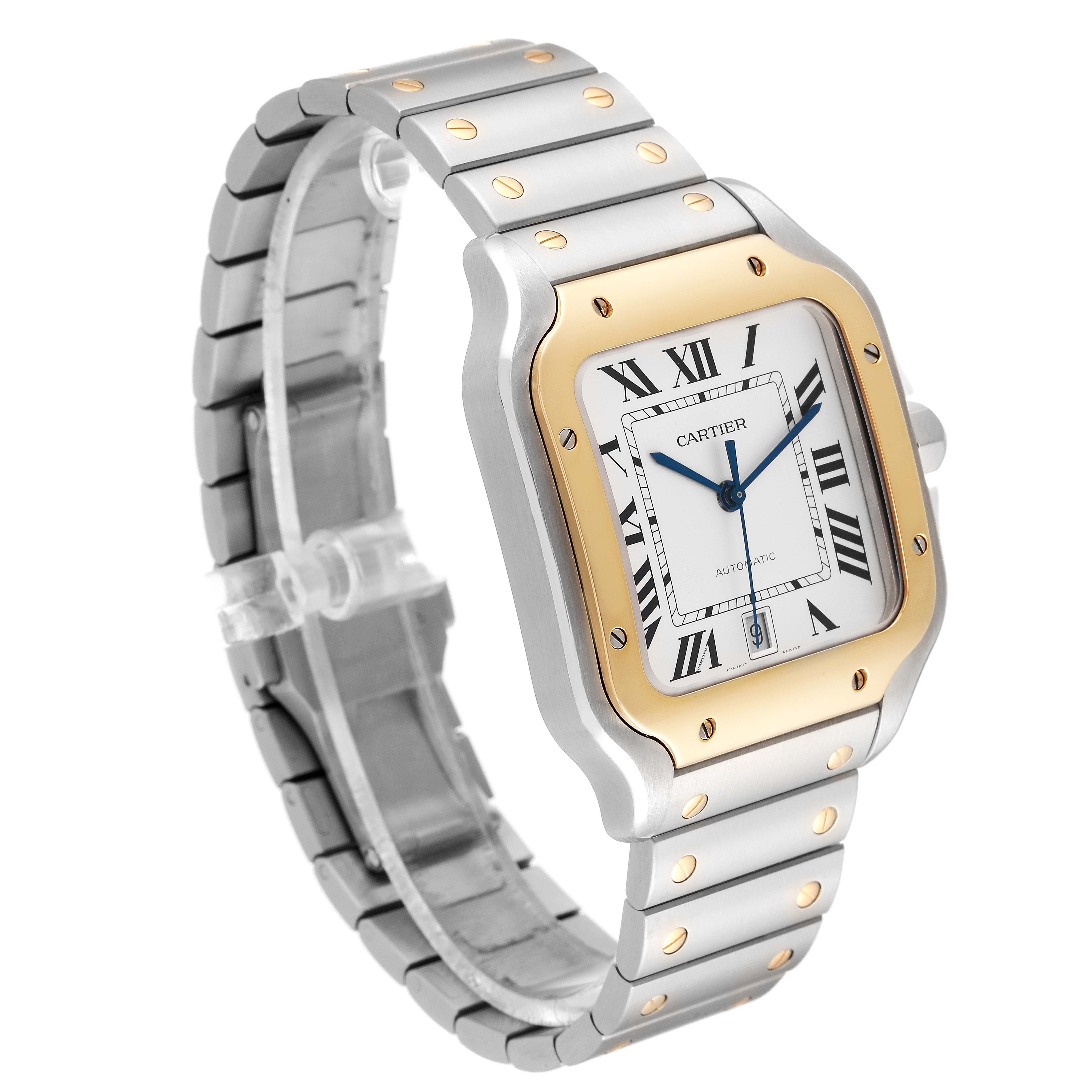 This image shows a side-view angle of the Cartier Santos W2SA0009 Men
s Steel and Gold (two tone) Silver Dial W2SA0009 Men
s Steel and Gold (two tone) Silver Dial watch, highlighting its case, bezel, dial, and bracelet.