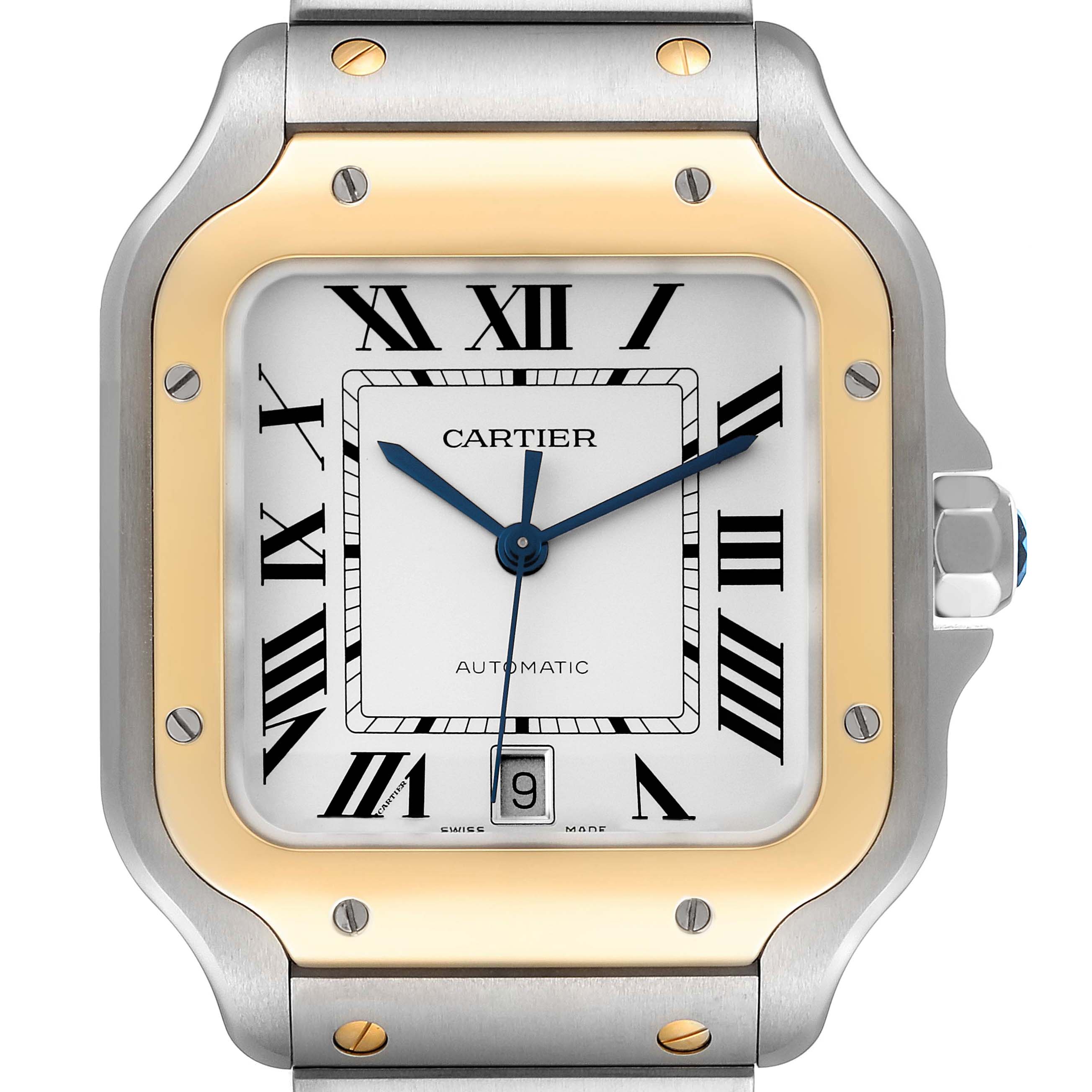 The image shows a close-up of the Cartier Santos W2SA0009 Men
s Steel and Gold (two tone) Silver Dial W2SA0009 Men
s Steel and Gold (two tone) Silver Dial model watch, highlighting its face, case, and bezel.