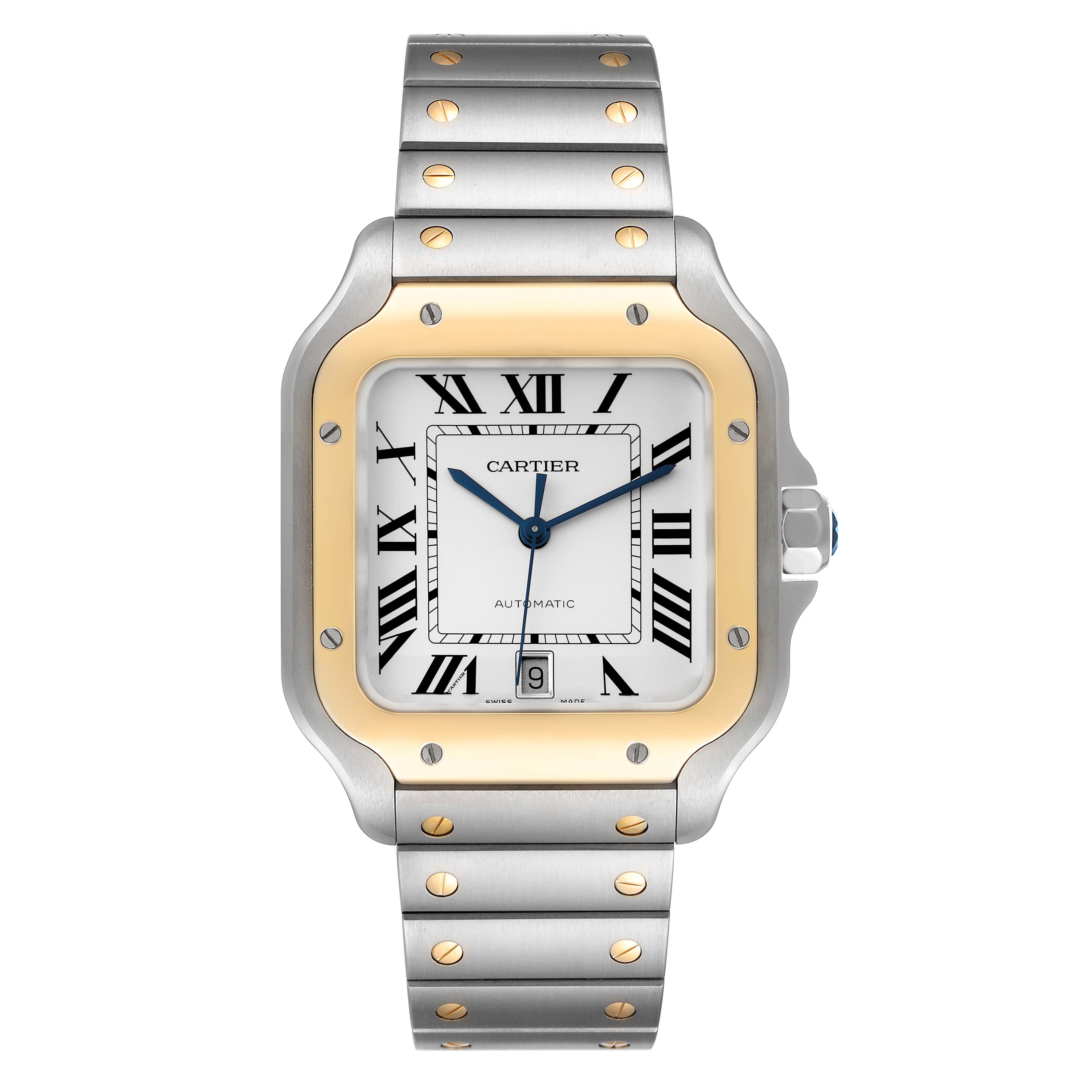 This image shows a front angle of a Santos model watch by Cartier, highlighting the dial, bezel, and bracelet.