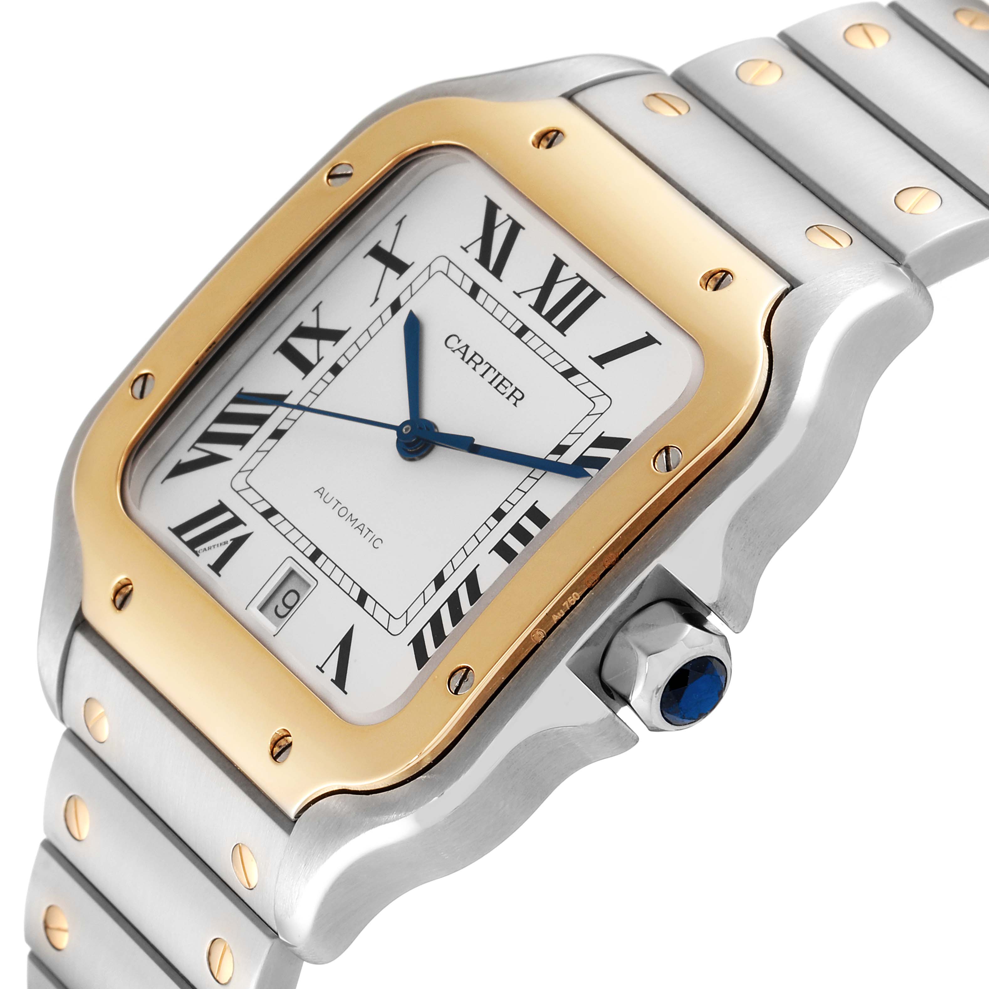 The image shows a close-up angle of the face and part of the bracelet of a Cartier Santos W2SA0009 Men
s Steel and Gold (two tone) Silver Dial W2SA0009 Men
s Steel and Gold (two tone) Silver Dial watch.