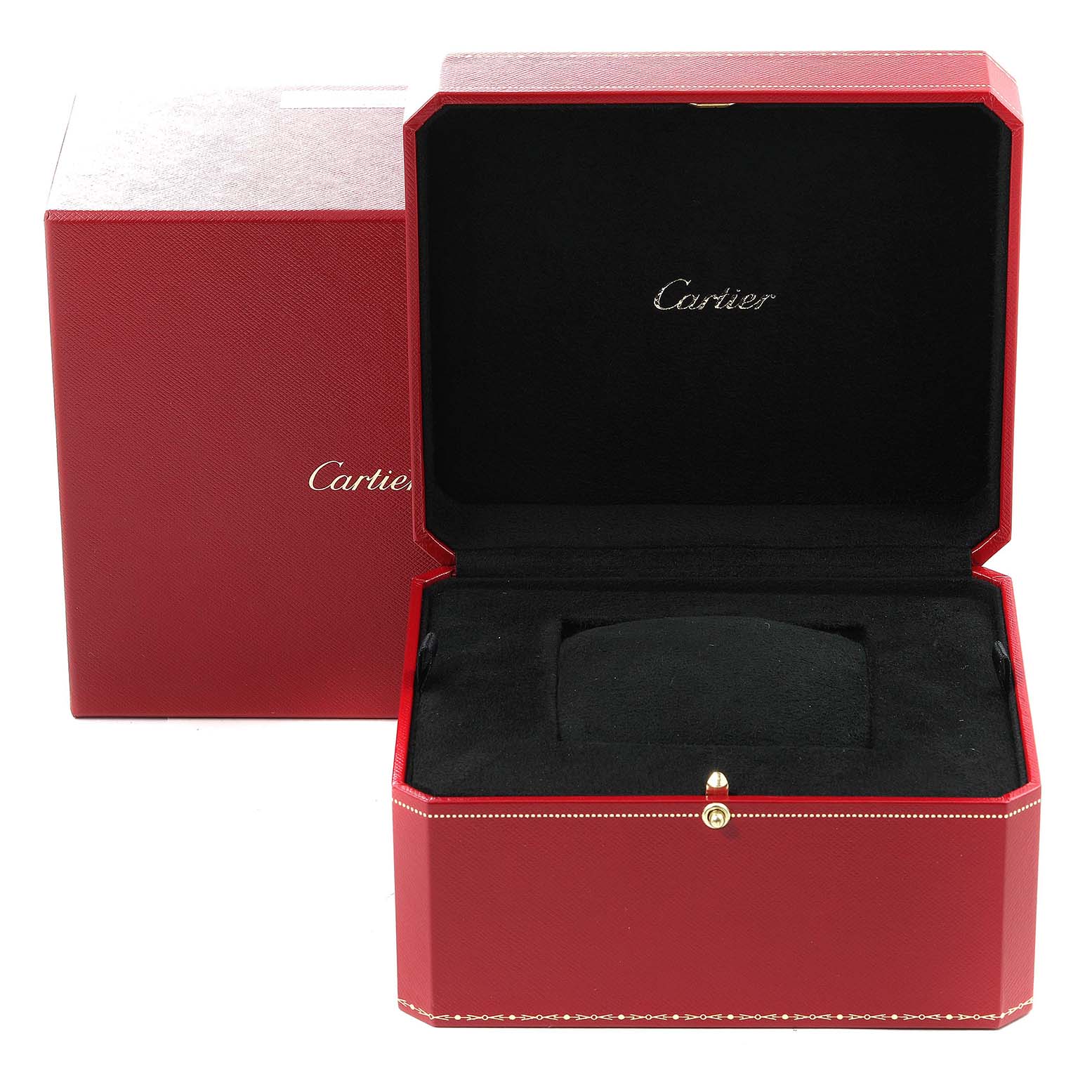 The image shows an open red Cartier box for the Santos model watch, emphasizing the luxurious inner lining and logo.