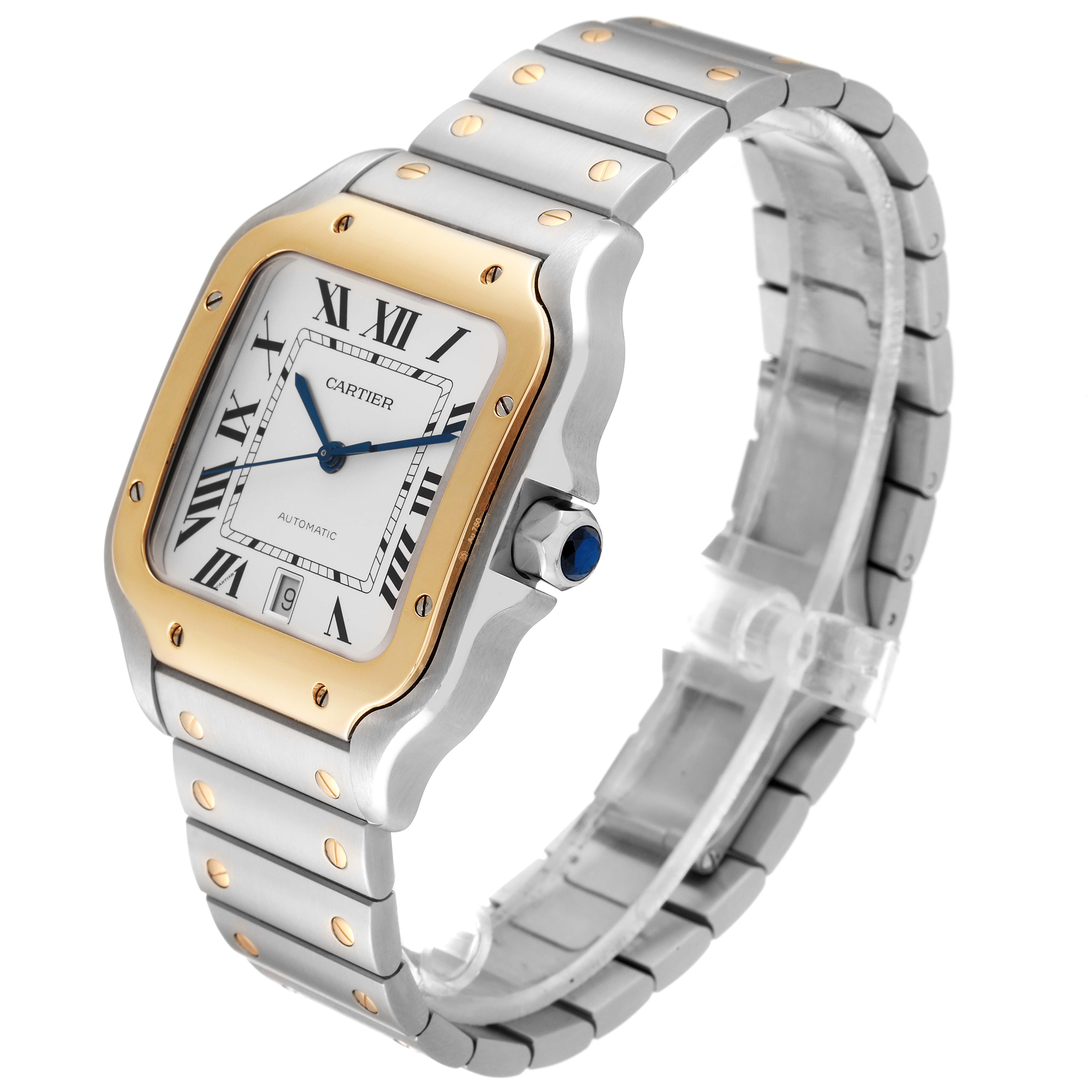 This image shows a Santos model by Cartier from an angled side view, highlighting the watch face, bracelet, and metal bezel.