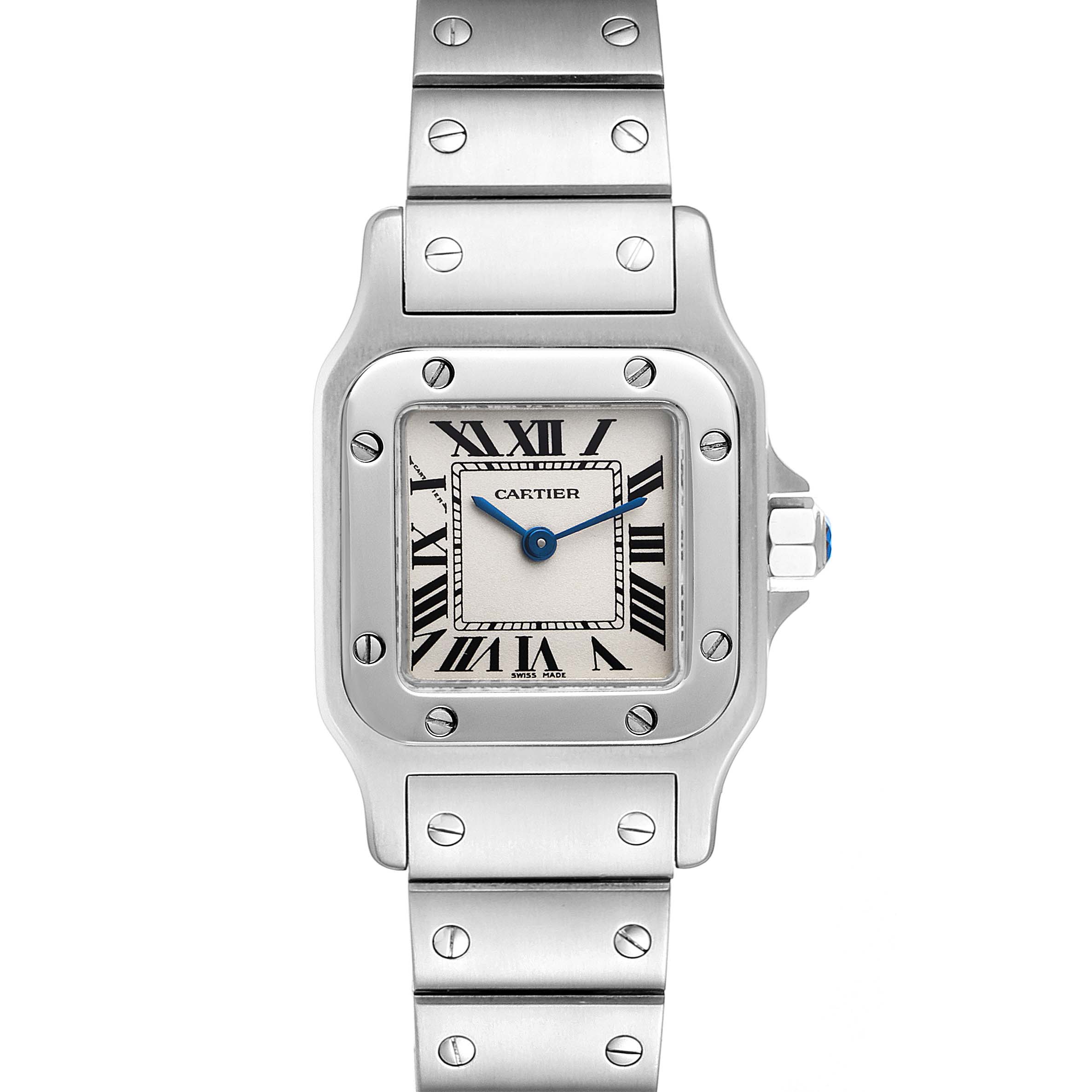 The image shows a frontal view of the Cartier Santos W20056D6 Women's Stainless Steel Silver Dial W20056D6 Women's Stainless Steel Silver Dial watch, displaying the face, dial, and part of the metal bracelet.