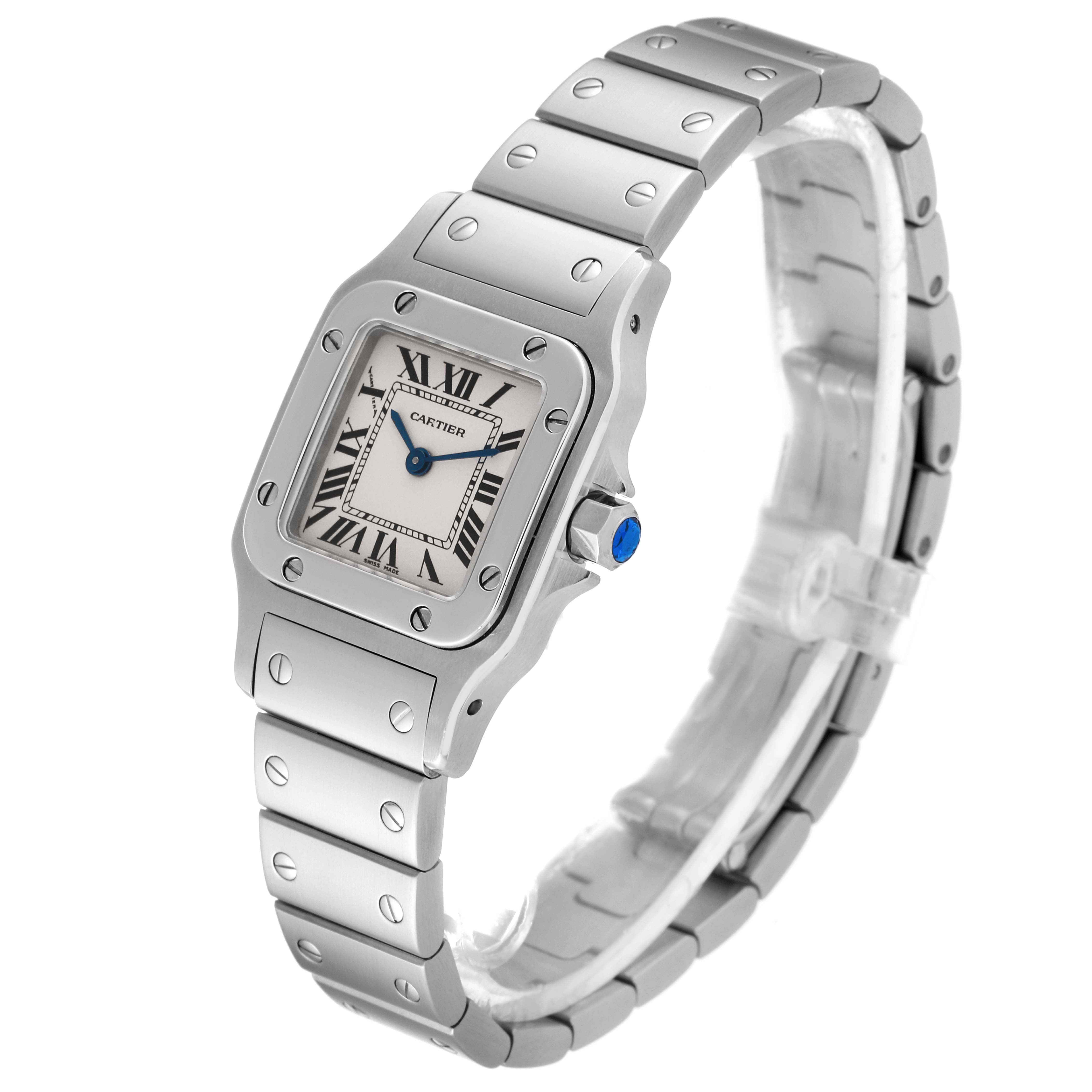 The image shows a Cartier Santos W20056D6 Women's Stainless Steel Silver Dial W20056D6 Women's Stainless Steel Silver Dial watch viewed from an oblique angle, highlighting the face, bezel, and band.