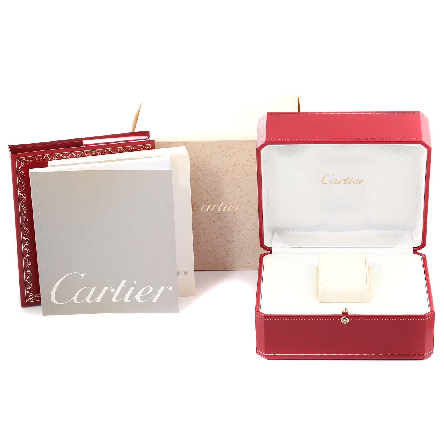 The image shows the packaging and accessories for a Cartier Santos W20056D6 Women's Stainless Steel Silver Dial W20056D6 Women's Stainless Steel Silver Dial watch, including the display box, outer box, and manuals.