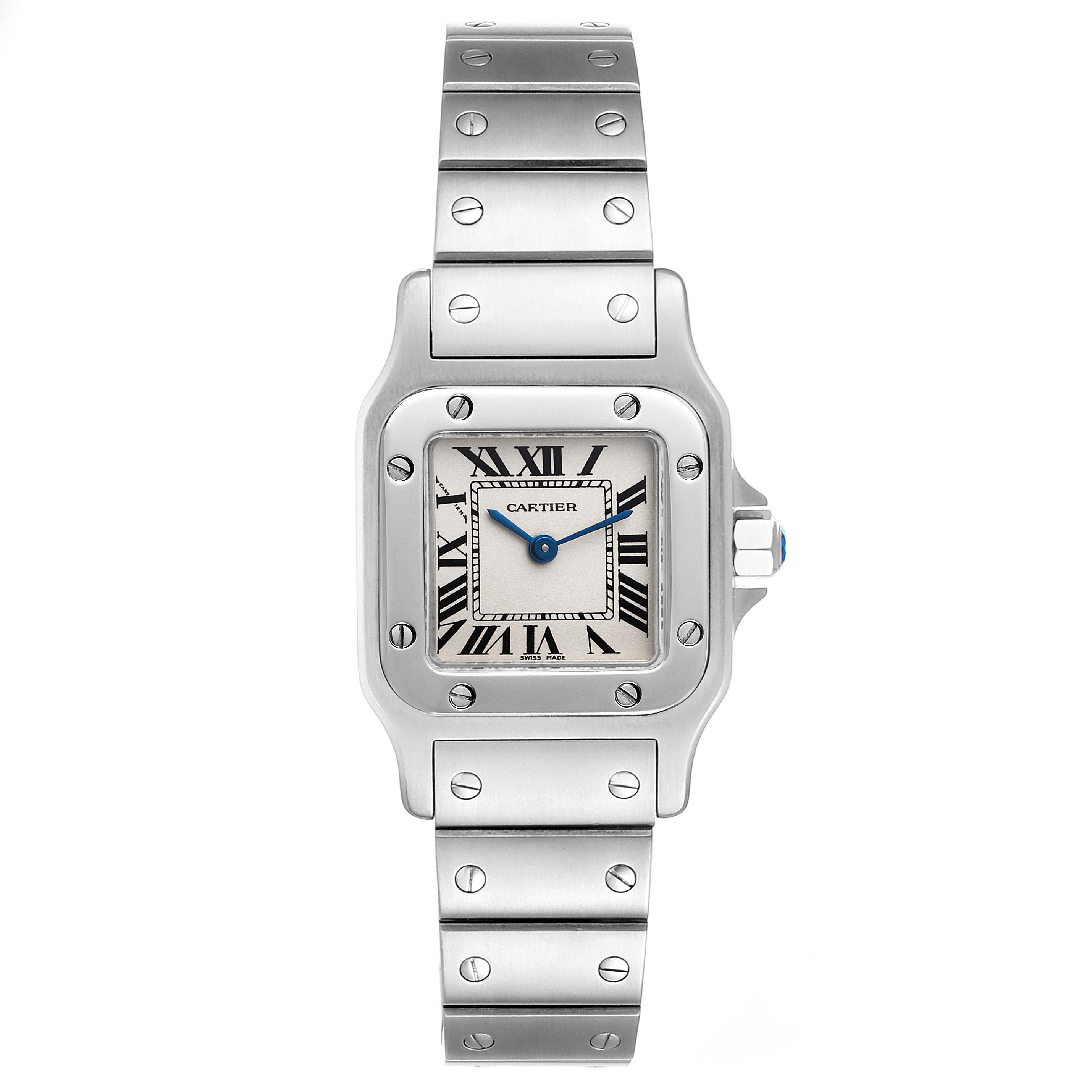 This image shows a frontal view of the Cartier Santos W20056D6 Women's Stainless Steel Silver Dial W20056D6 Women's Stainless Steel Silver Dial watch, displaying its face and metal bracelet.