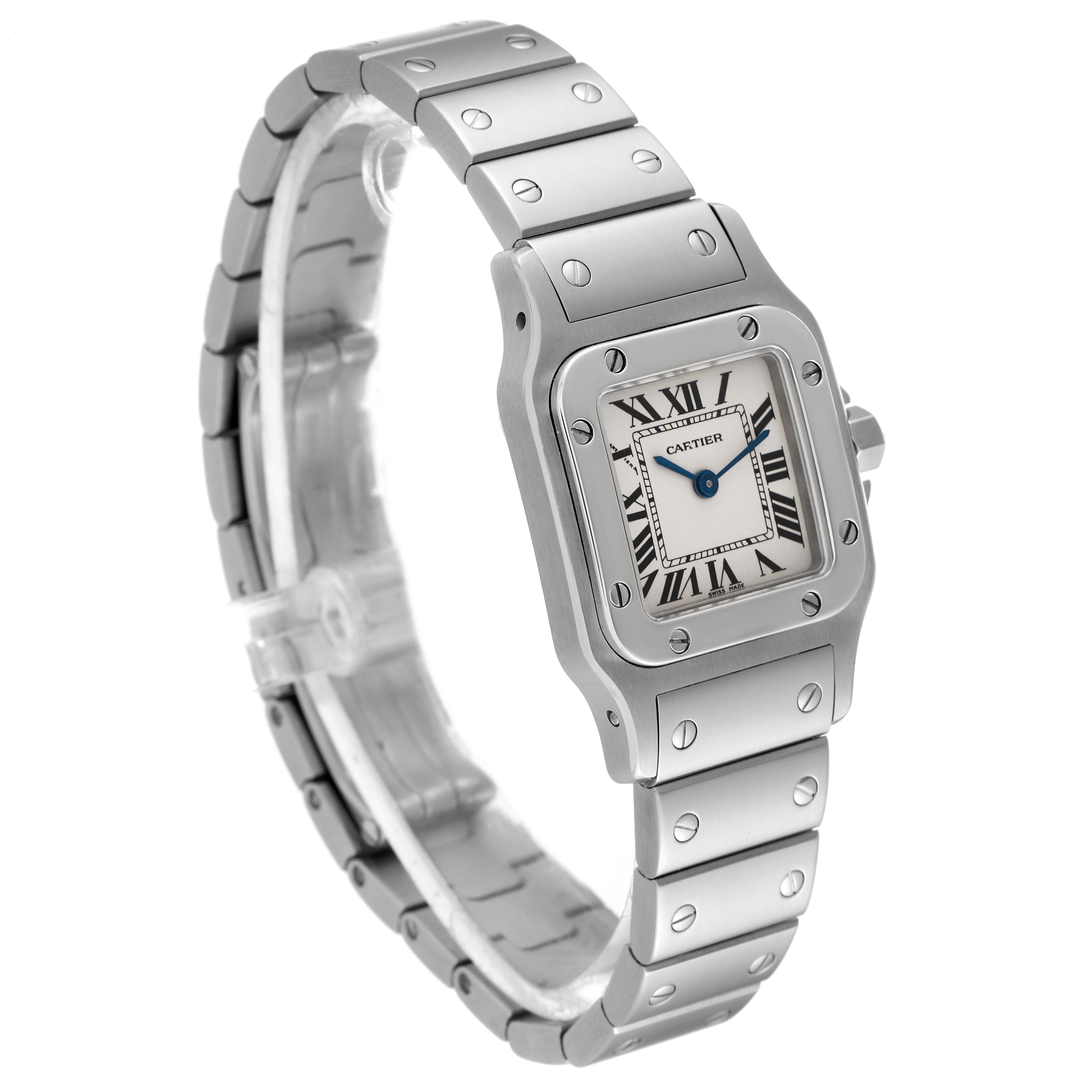 The image shows a three-quarter view of a Santos model by Cartier, highlighting the face, bezel, and part of the bracelet.