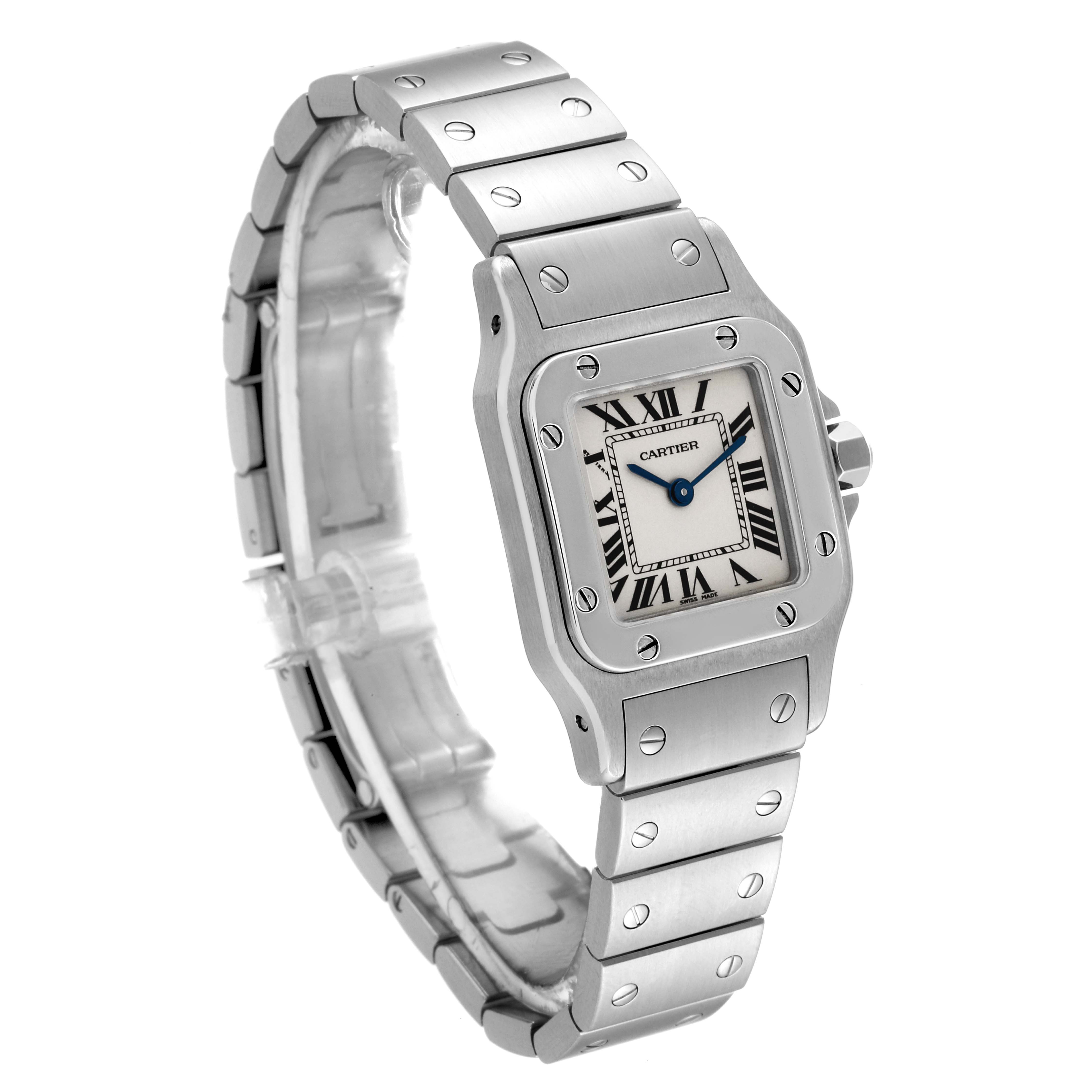 The image shows a Cartier Santos W20056D6 Women's Stainless Steel Silver Dial W20056D6 Women's Stainless Steel Silver Dial watch at a three-quarter angle, highlighting the bracelet, bezel, and dial with Roman numerals.