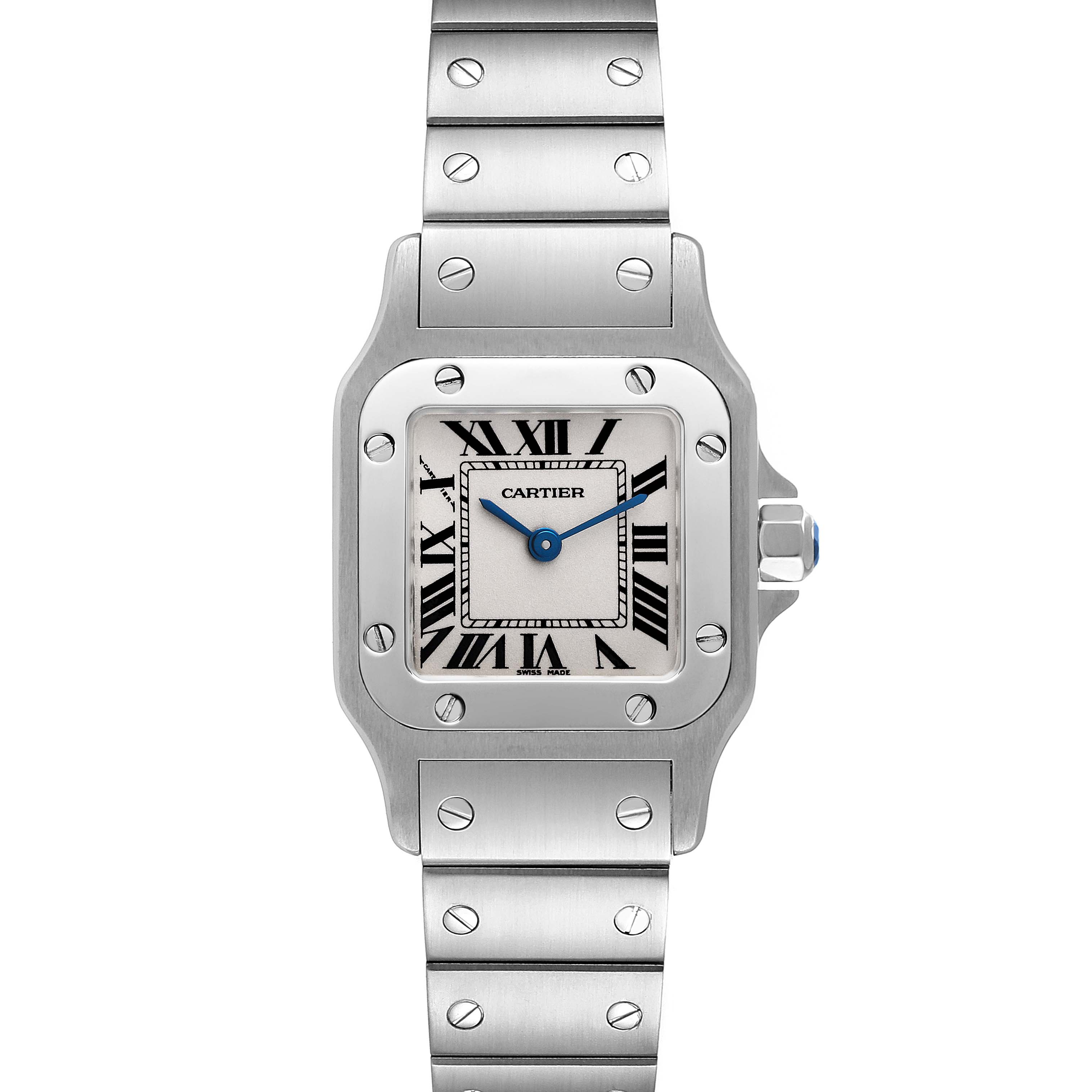 The image shows a front view of the Cartier Santos W20056D6 Women's Stainless Steel Silver Dial W20056D6 Women's Stainless Steel Silver Dial watch, featuring its iconic square face, Roman numerals, and metal bracelet.