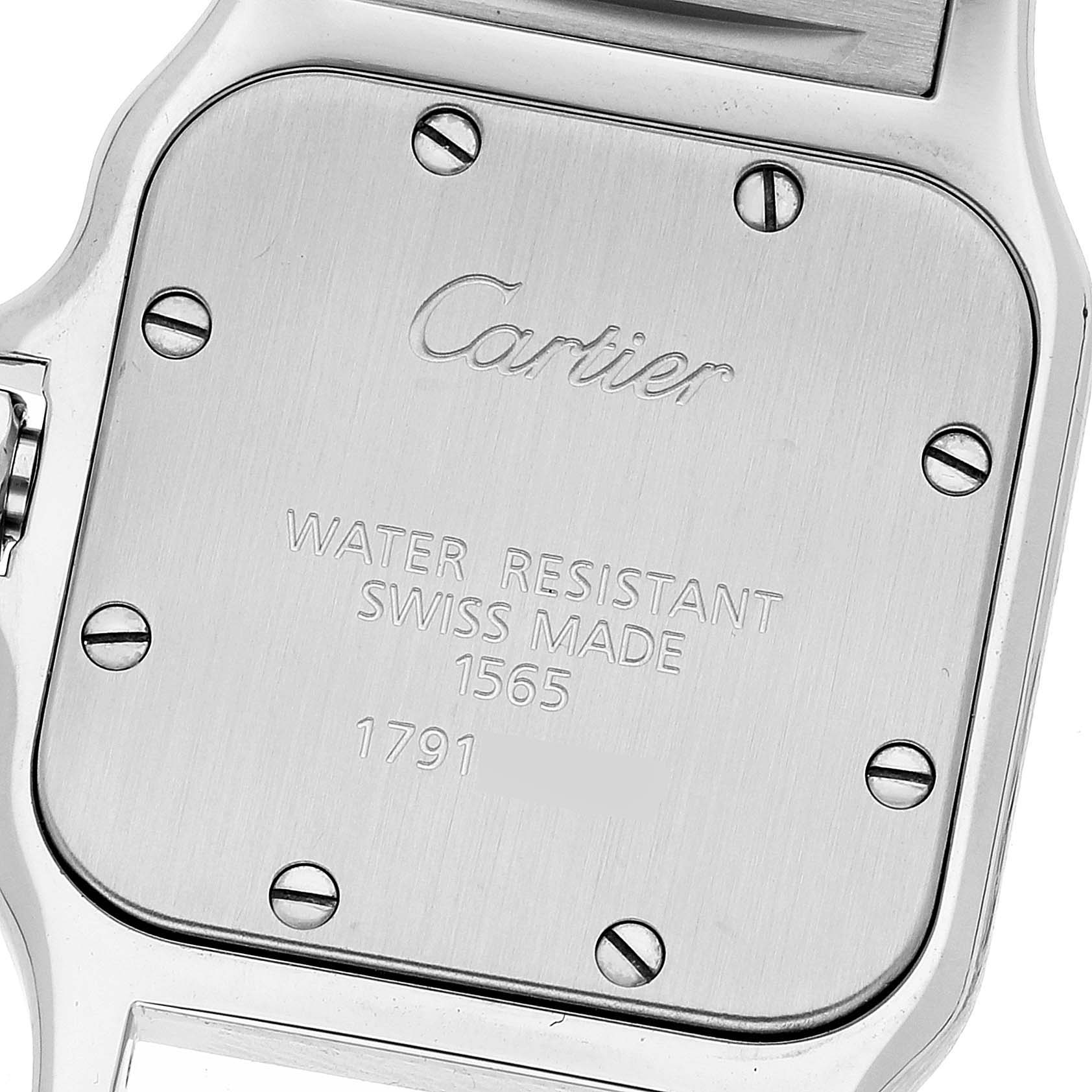 The image shows the back case of a Cartier Santos W20056D6 Women's Stainless Steel Silver Dial W20056D6 Women's Stainless Steel Silver Dial watch, featuring branding, water resistance, and Swiss-made details.