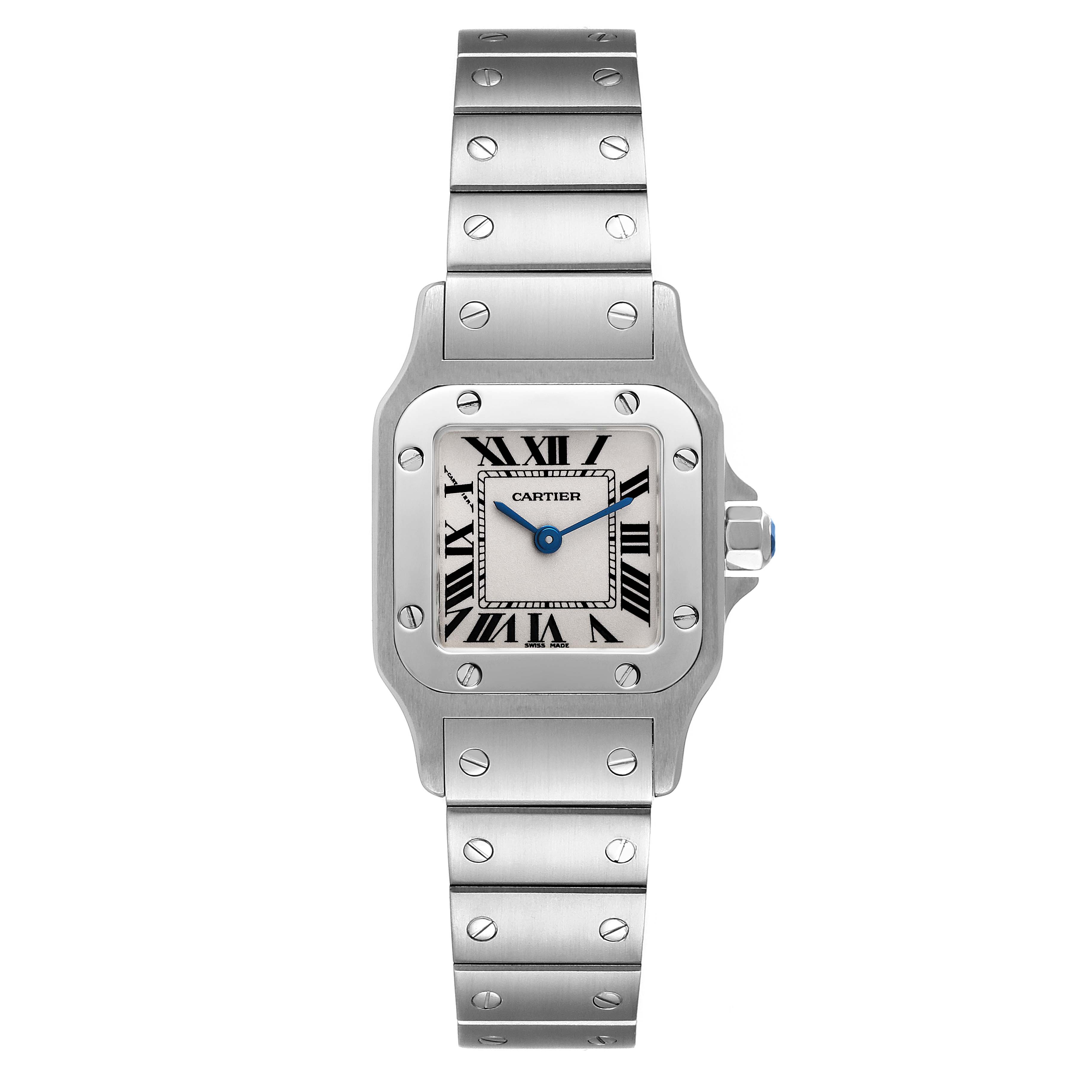 This image shows a front view of the Cartier Santos W20056D6 Women's Stainless Steel Silver Dial W20056D6 Women's Stainless Steel Silver Dial watch, highlighting its square dial, bezel with screws, and metal bracelet.