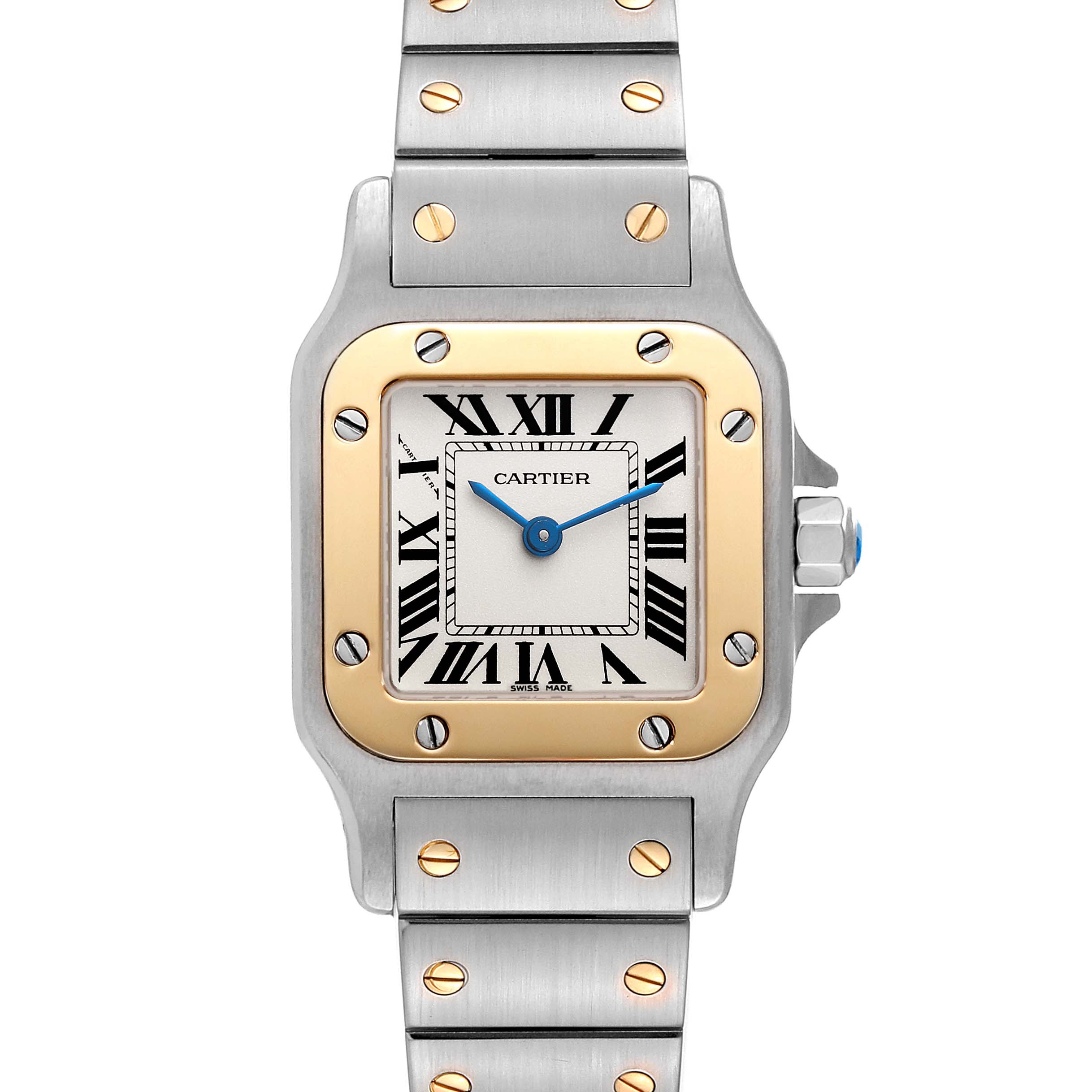 This Cartier Santos W20012C4 Women's Steel and Gold (two tone) Silver Dial W20012C4 Women's Steel and Gold (two tone) Silver Dial watch shows a front view featuring the dial, bezel, screws, and part of the bracelet.