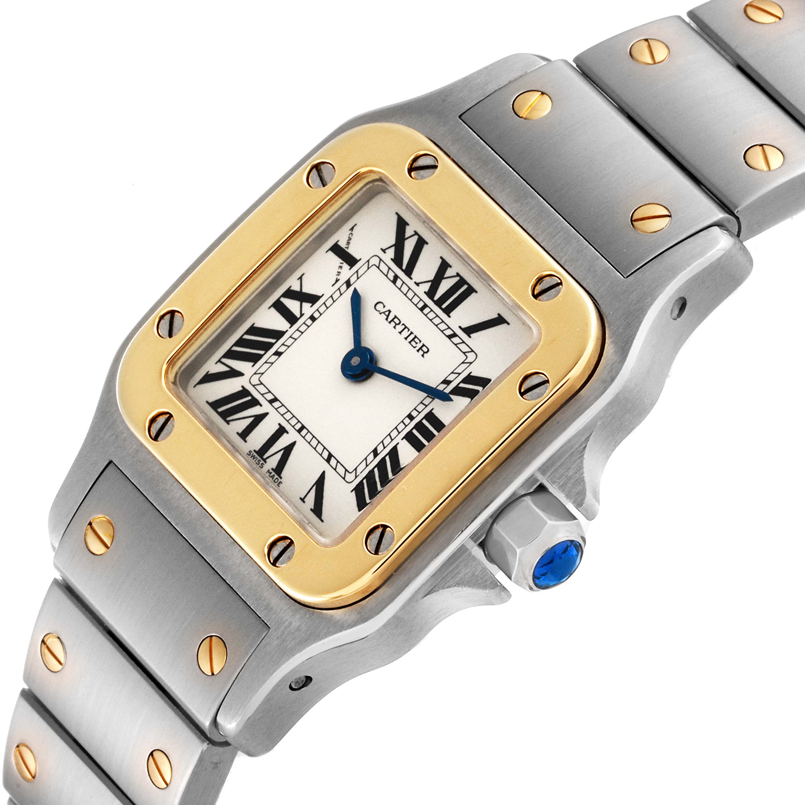 The Cartier Santos W20012C4 Women's Steel and Gold (two tone) Silver Dial W20012C4 Women's Steel and Gold (two tone) Silver Dial watch is shown from an angled view, highlighting the watch face, bezel, and part of the bracelet.